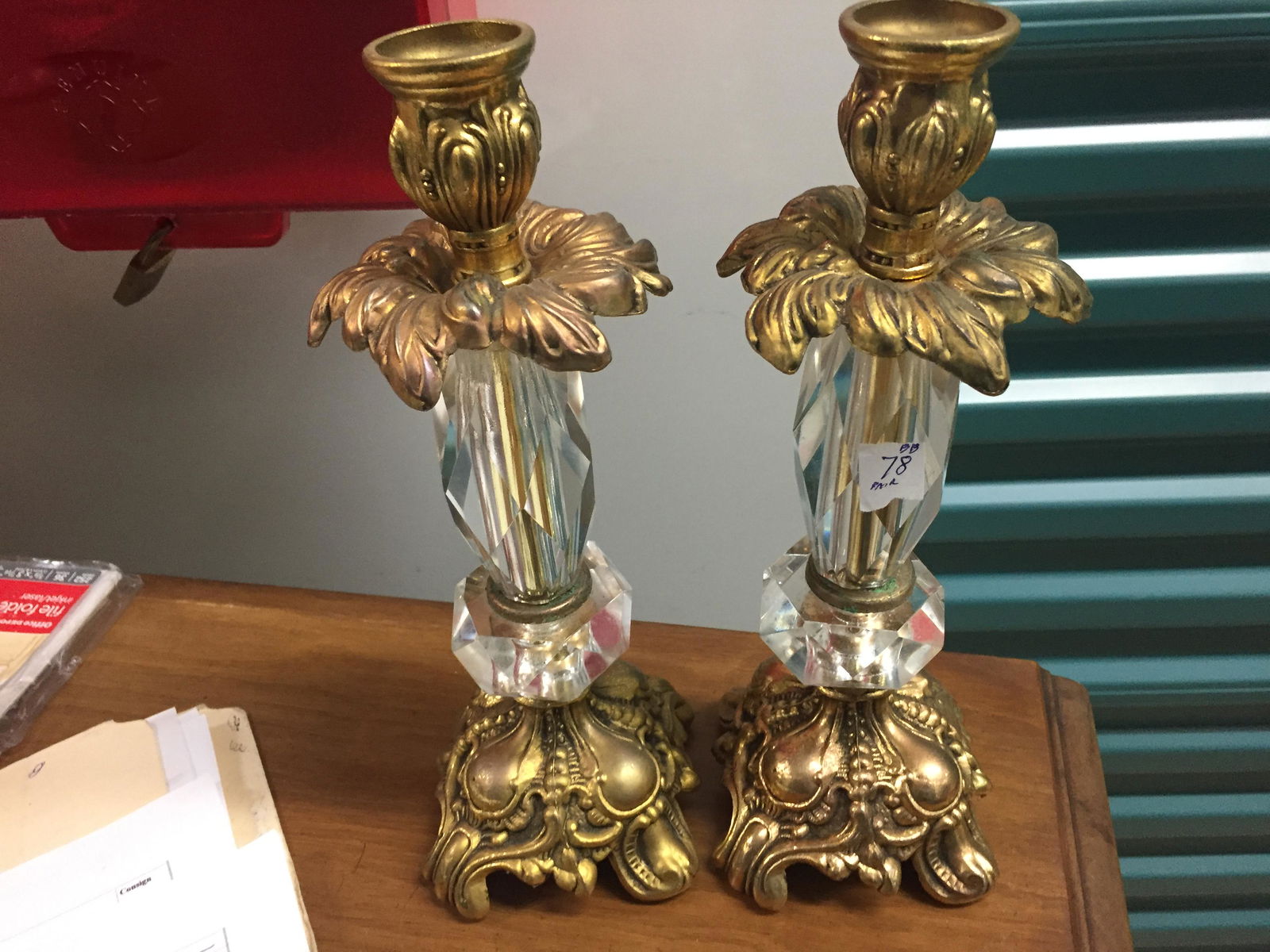 Pair Gold Metal-Glass Candle Sticks (1 of 3)
