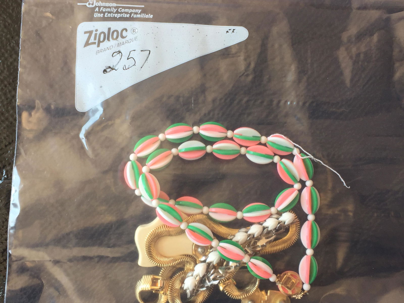 3pcs. TRIFARI Costume Jewelry: (3pcs.) TRIFARI (pk./wh/gr Necklace)-(wh/sl Bracelet)-(Necklace/Earrings)