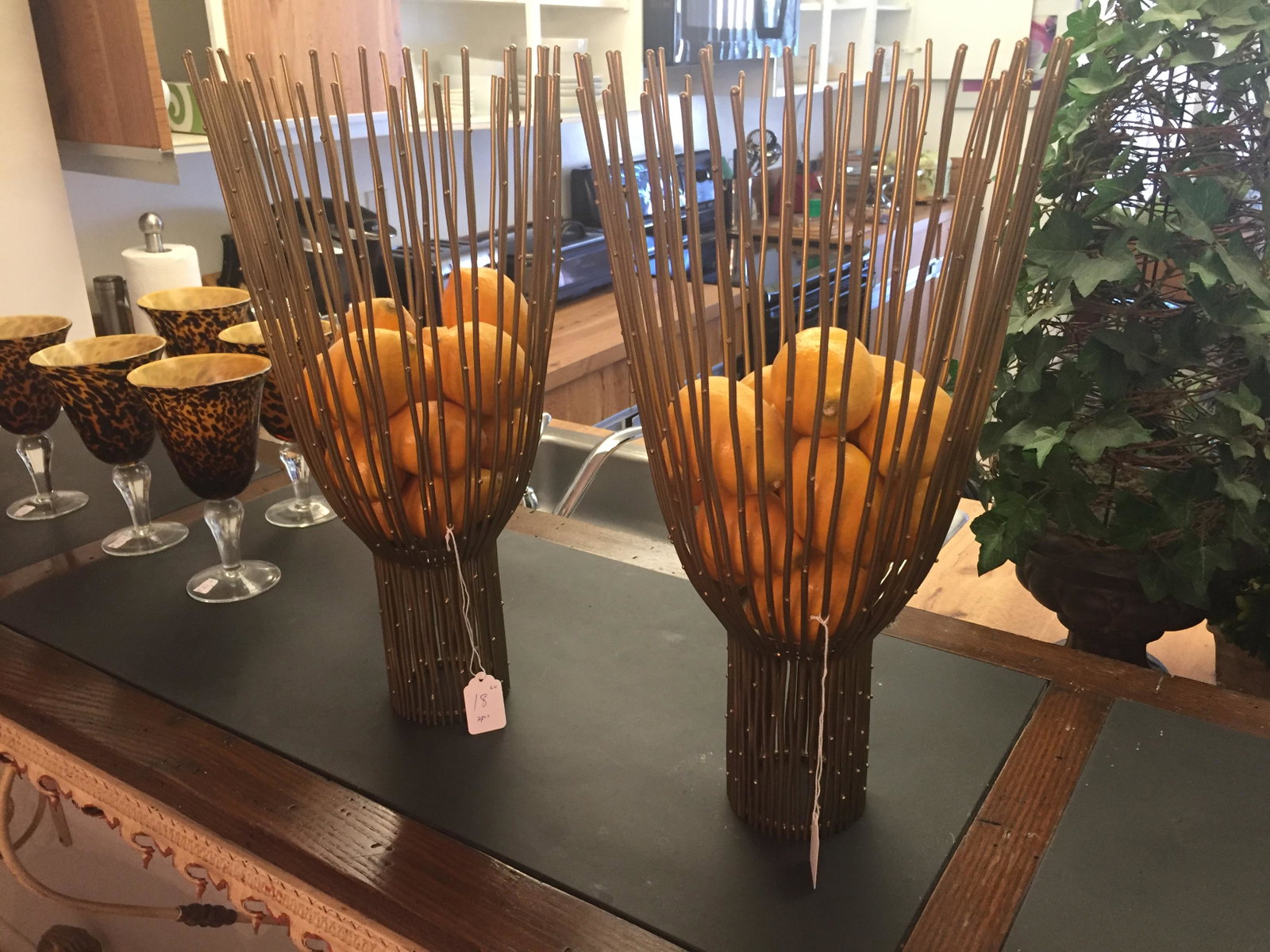 2-Decoraive Metal Fruit Holders: (2) Gold Metal Spine Fruit Holders with Lemons,