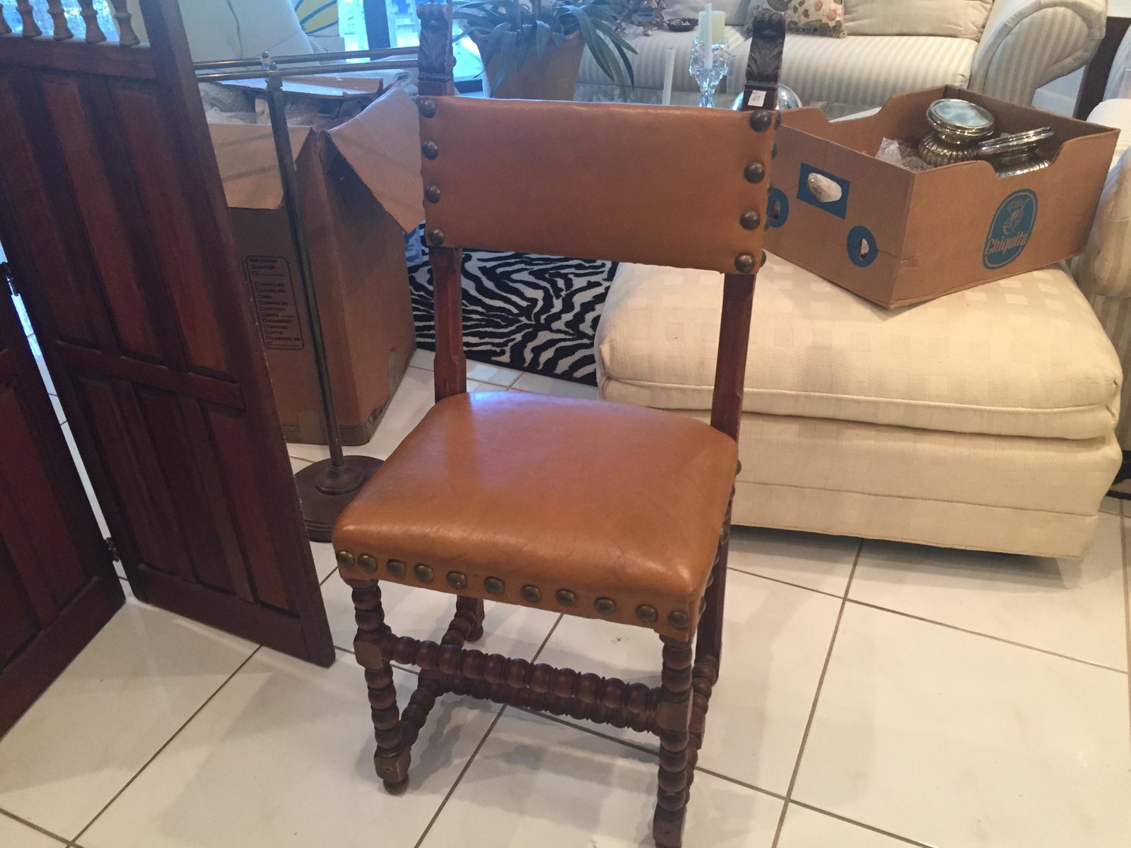 Renaissance Leather Chair: Antique Hand Tacked Renaissance Tan Leather Chair, 39h x 19w x 14d