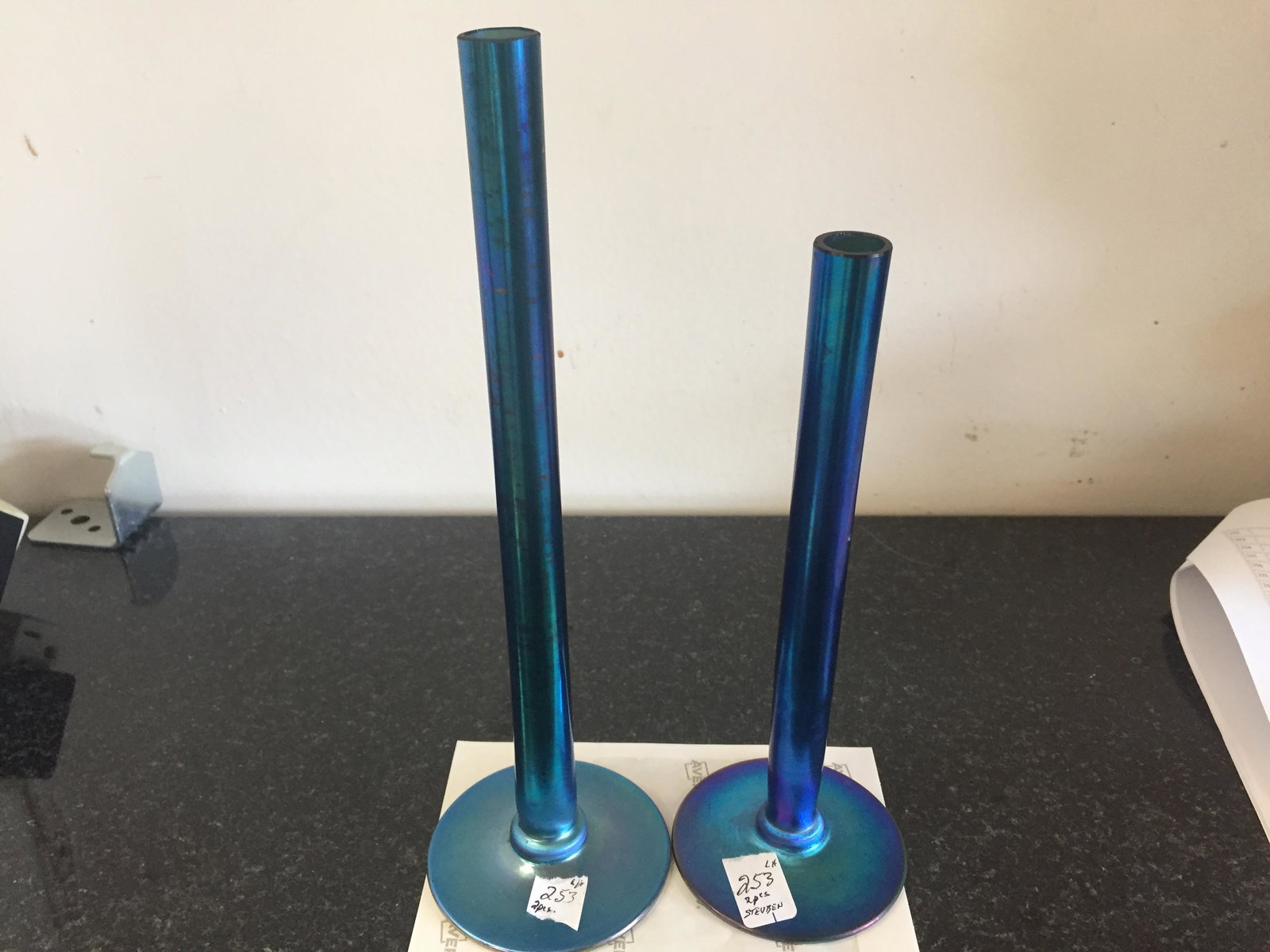 2-Antique Steuben Blue Bud Vases: (2) Steuben, Blue Aurene Mini Rose Bud Stick Vase, Very Nice Iridescence, 8.5 & 10"h c.1910