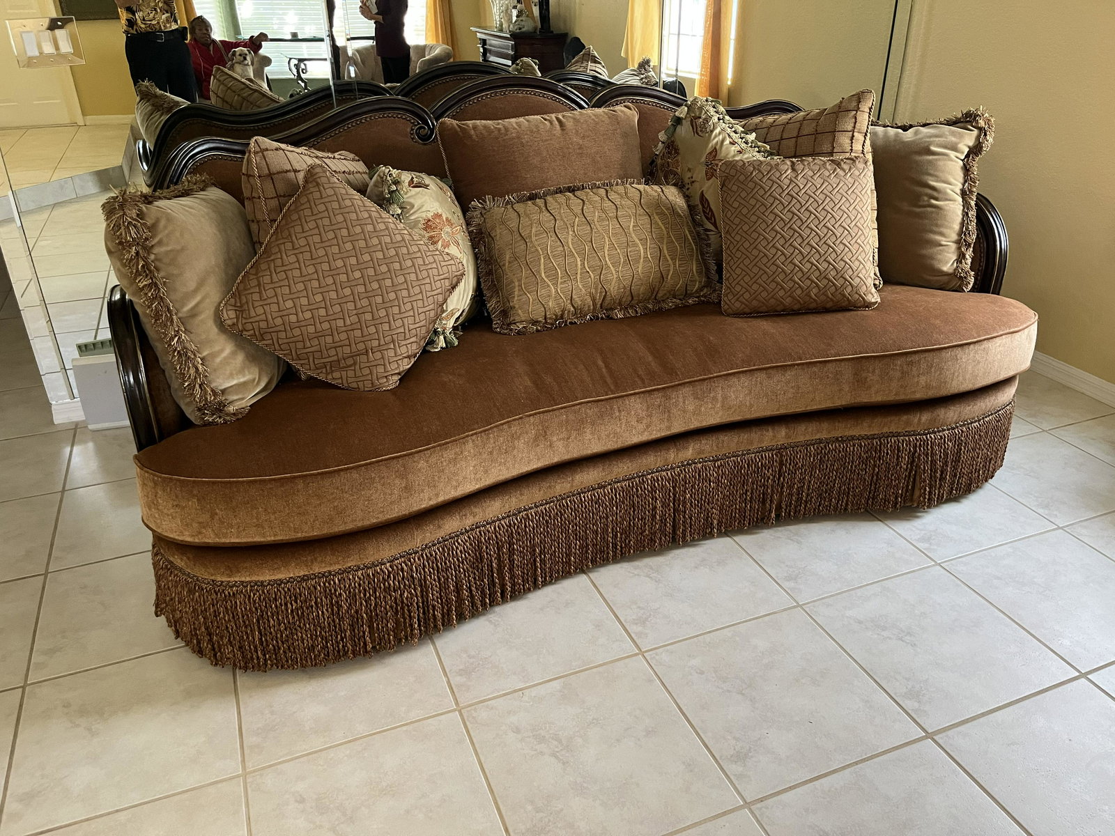 Brown 8' Sofa with lots of pillows, 43h x 50d (1 of 4)