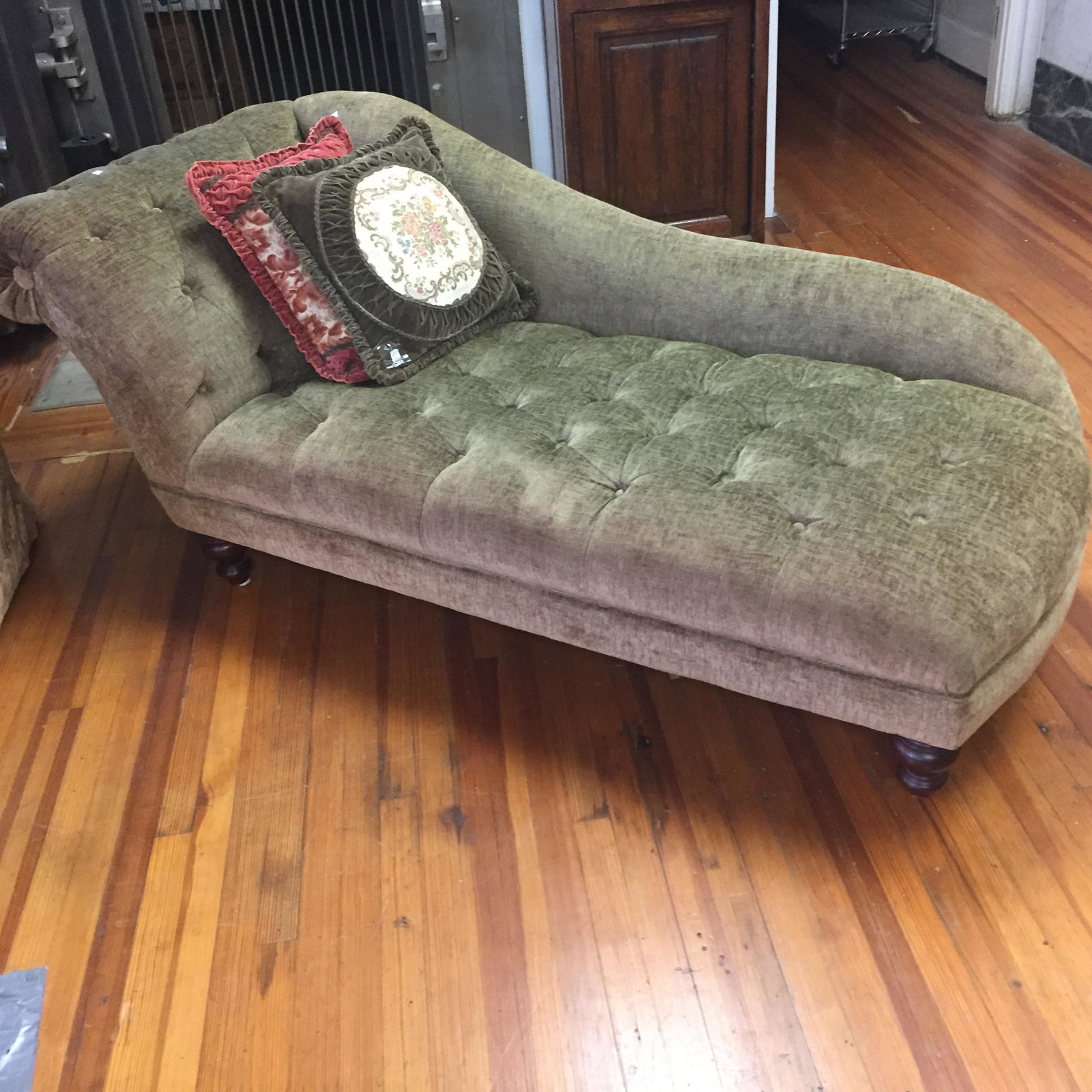 Chaise Lounge: Olive Green Chaise Lounge, 31h x 76w x 32d
