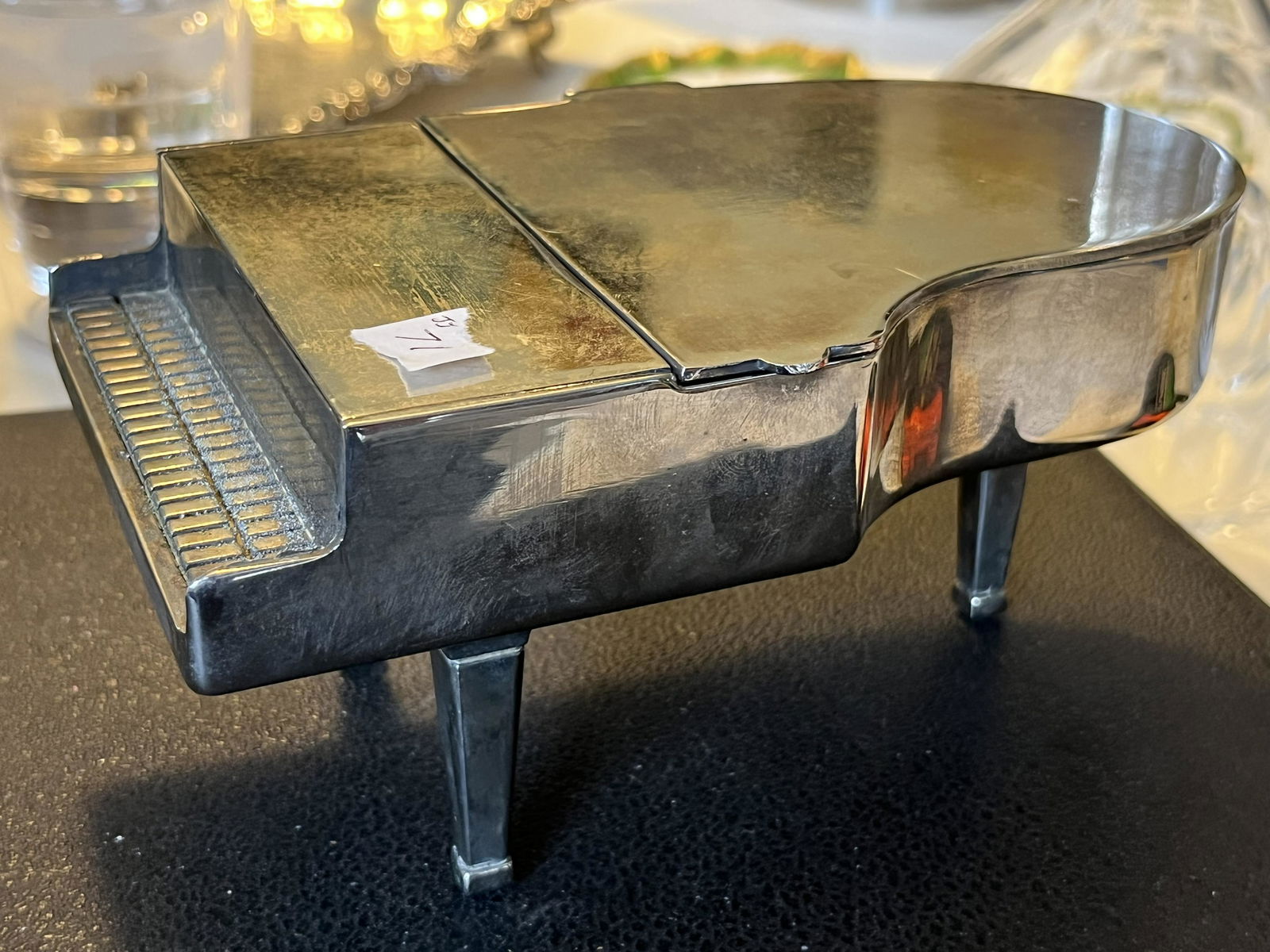 Silver Piano Music Box: Silver Go dinger Piano-Music Box 1992, 3.25h x 7w x 4.25d