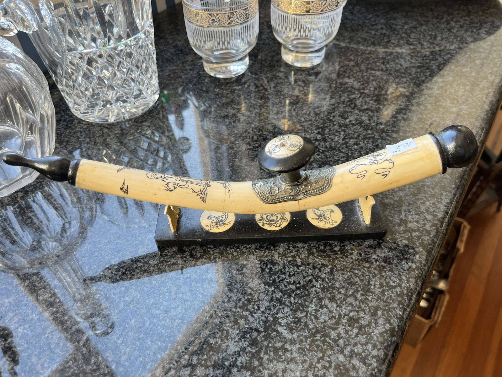Vintage Oriental opium pipe on timber stand (1 of 5)