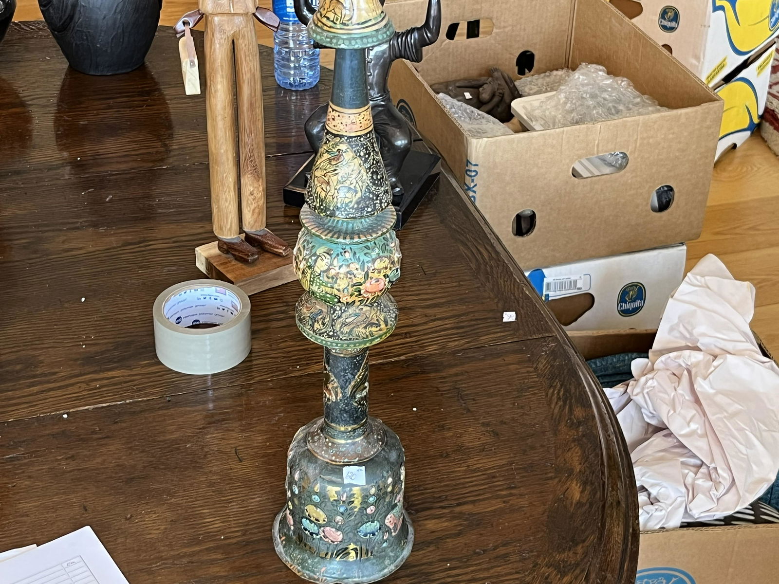 Antique Thai Hand Painted 2pc. Wood top & Brass Bottom Opium Pipe missing top (1 of 6)