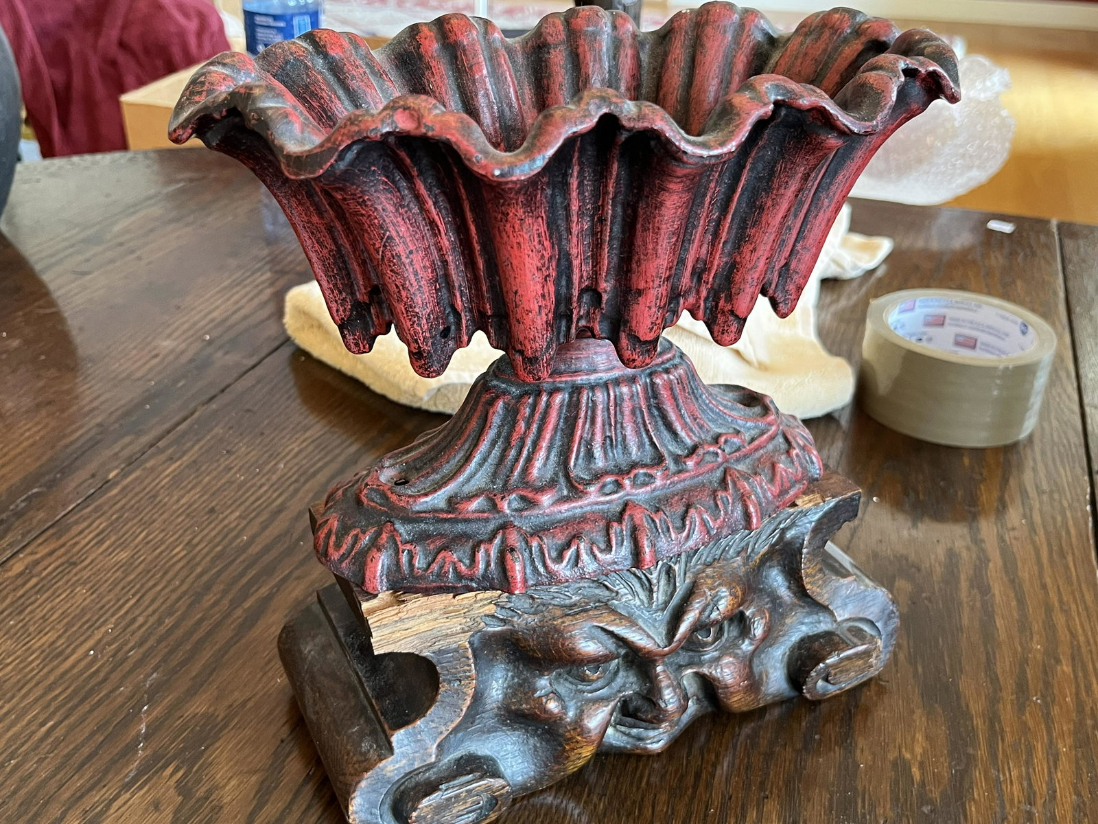 Cold Painted Cast Iron Red Oval Urn on a Antique Wood Carved Base (marriage)9.5x9.5x6: Cold Painted Cast Iron Red Oval Urn on a Antique Wood Carved Base (marriage)9.5x9.5x6