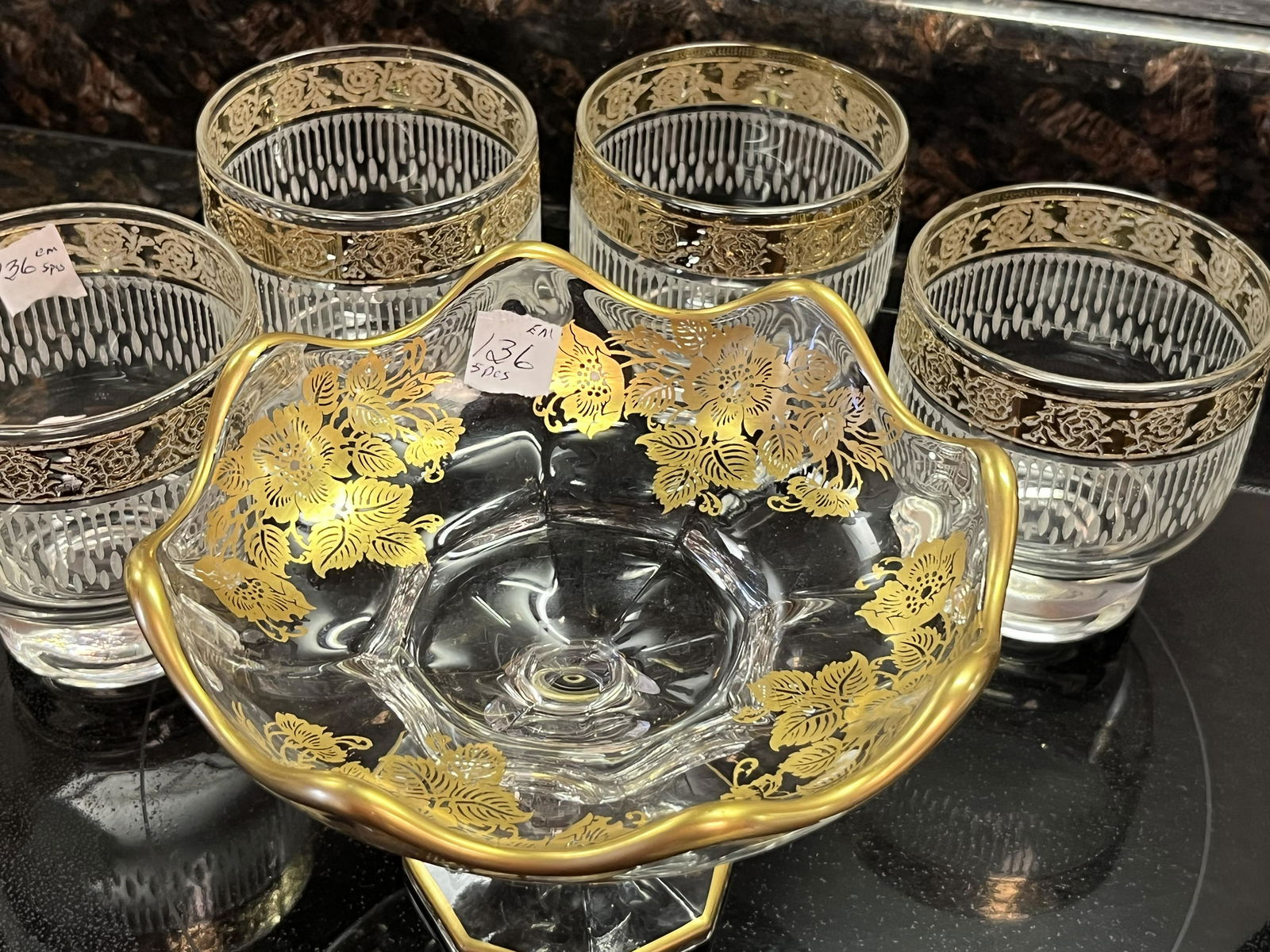 3-Vintage 22kt Gld.Rim Glasses, 1-Compote: 3-Vintage 22kt Gold Trim Glasses & 1-Compote (pic. shows 4 but we can't find the 4th.)