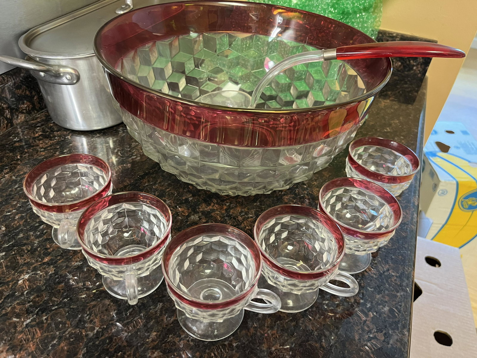 Vintage Punch Bowl/ Whitehall Ruby Red Diamond Point Glass Punch Bowl/ 8 cups /mid mod glass (1 of 3)