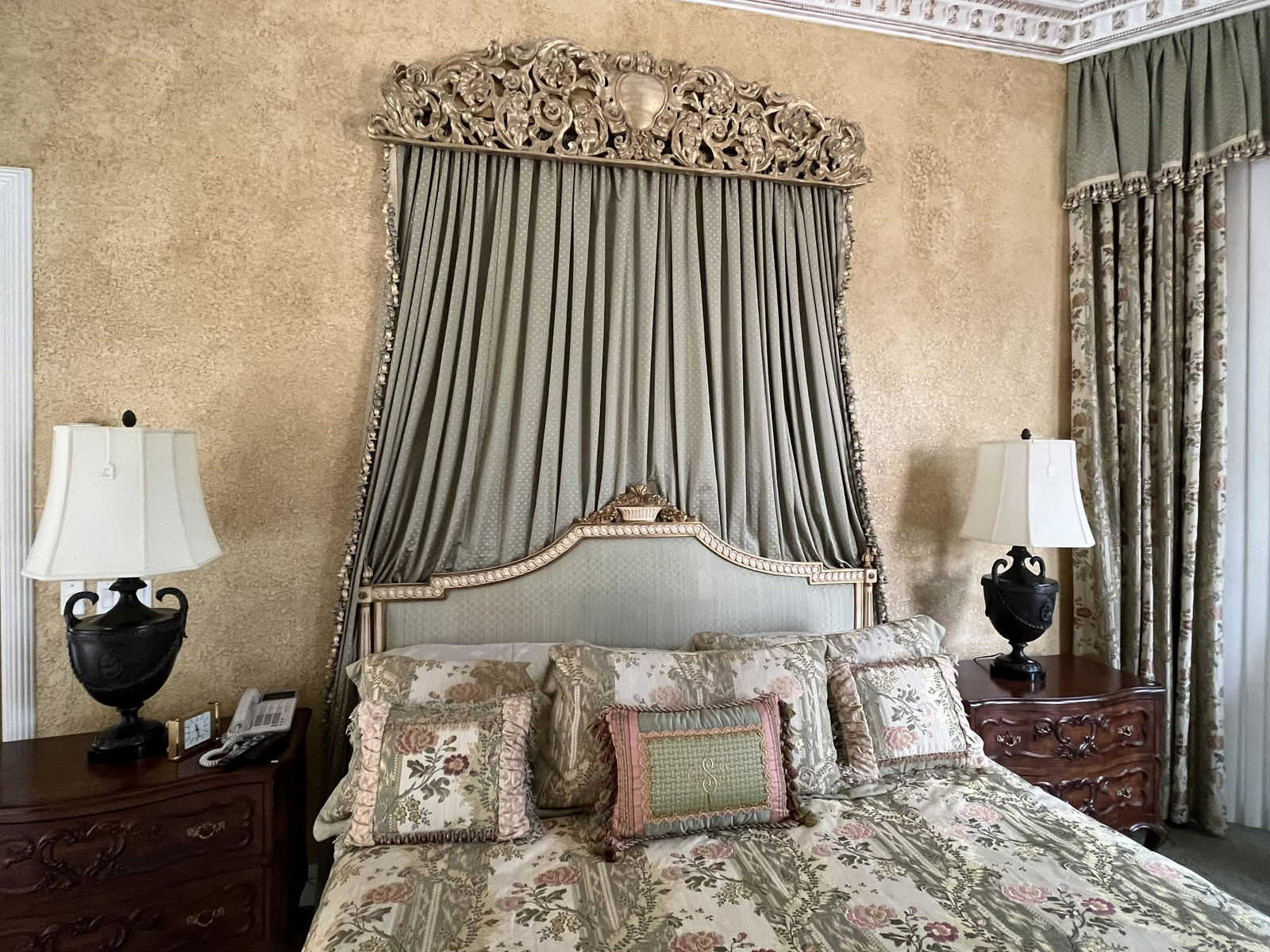 King Headboard,Curtains & Topper: Custom Crown Crest King Headboard Intricate Carvings with Topper & Curtains