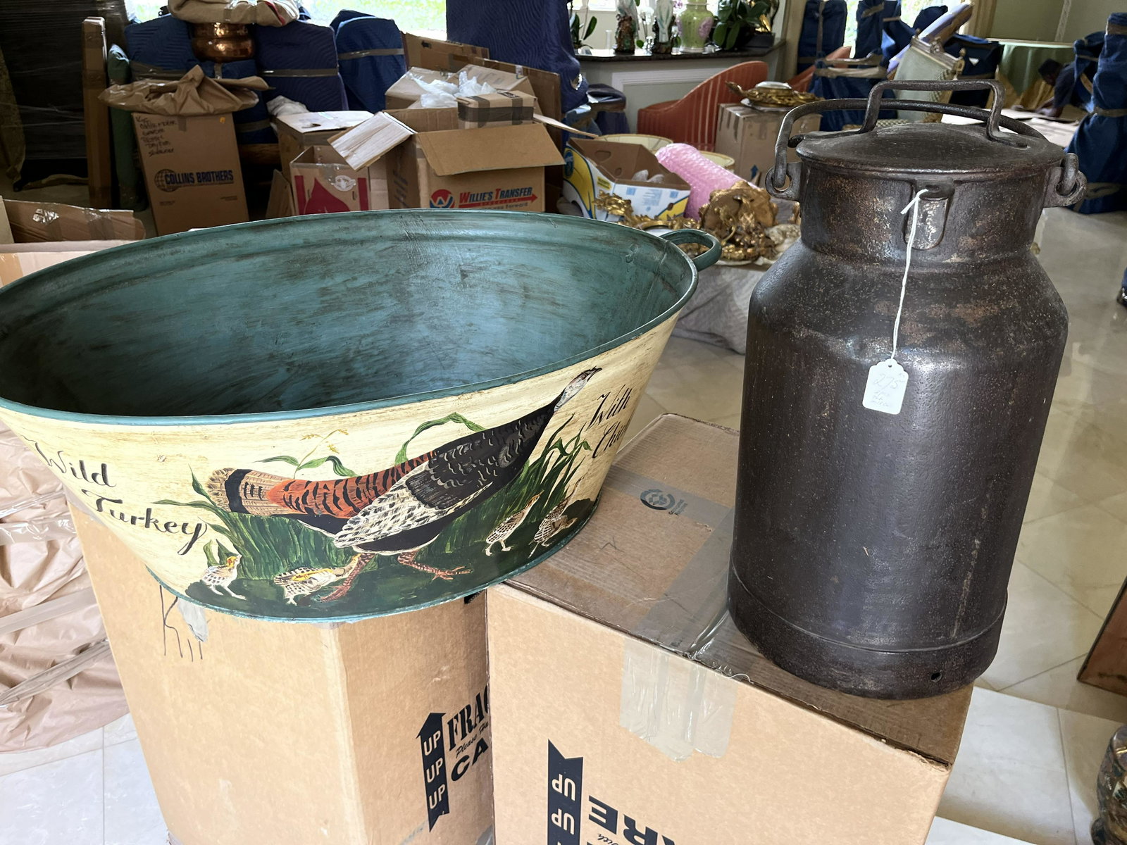 Wash Tub & Milk Can: Hand Painted Vintage Wash Tub & Antique Iron Milk Can (has the smell of being used for kerosene)