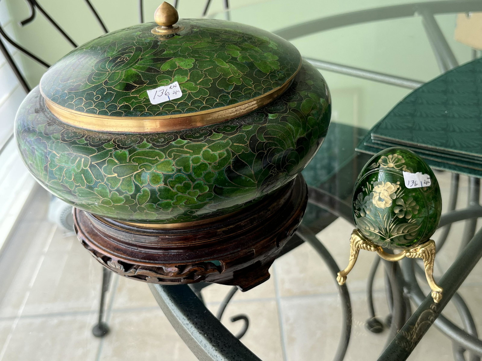Cloisonee Covered Bowl & Egg: Cloisonee Covered Bowl 7h x 8dia & Egg on Stand