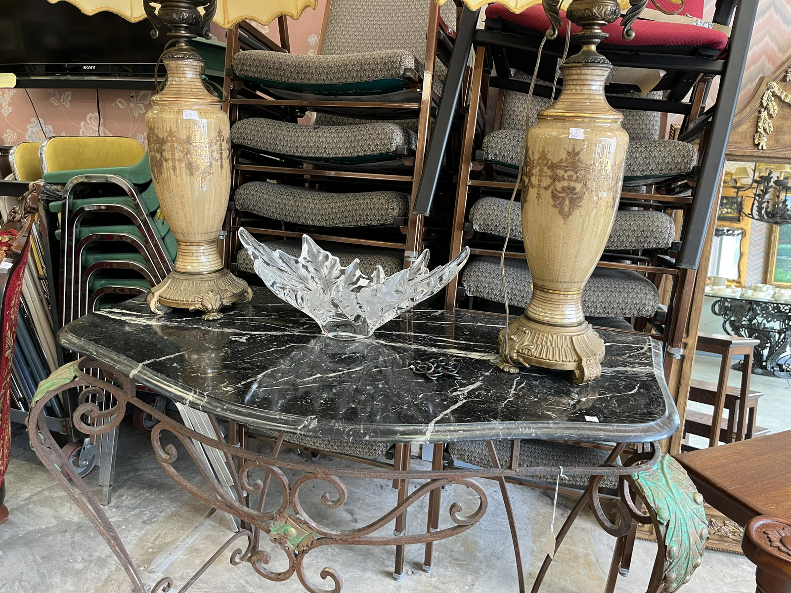 Pair Brownish Lamps: Pair Brownish Lamps, 36" to top of lamp shade harp.