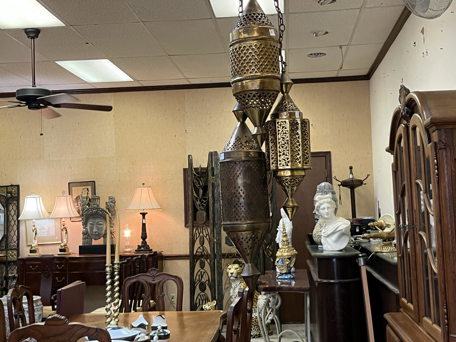 3-lite Brass Fixture: Brass Hanging 3-lite Fixture, 56"