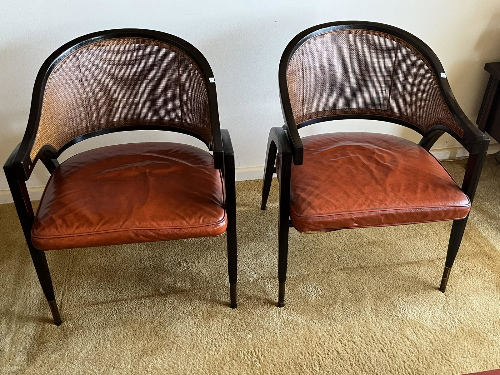 Pair Dunbar Sculpted Lounge Chairs: Pair Edward Wormley for Dunbar 5480 Sculpted Lounge Chair, Circa 1955. 32.5"h x 24.5"w x 24"dSeat height 18"h
