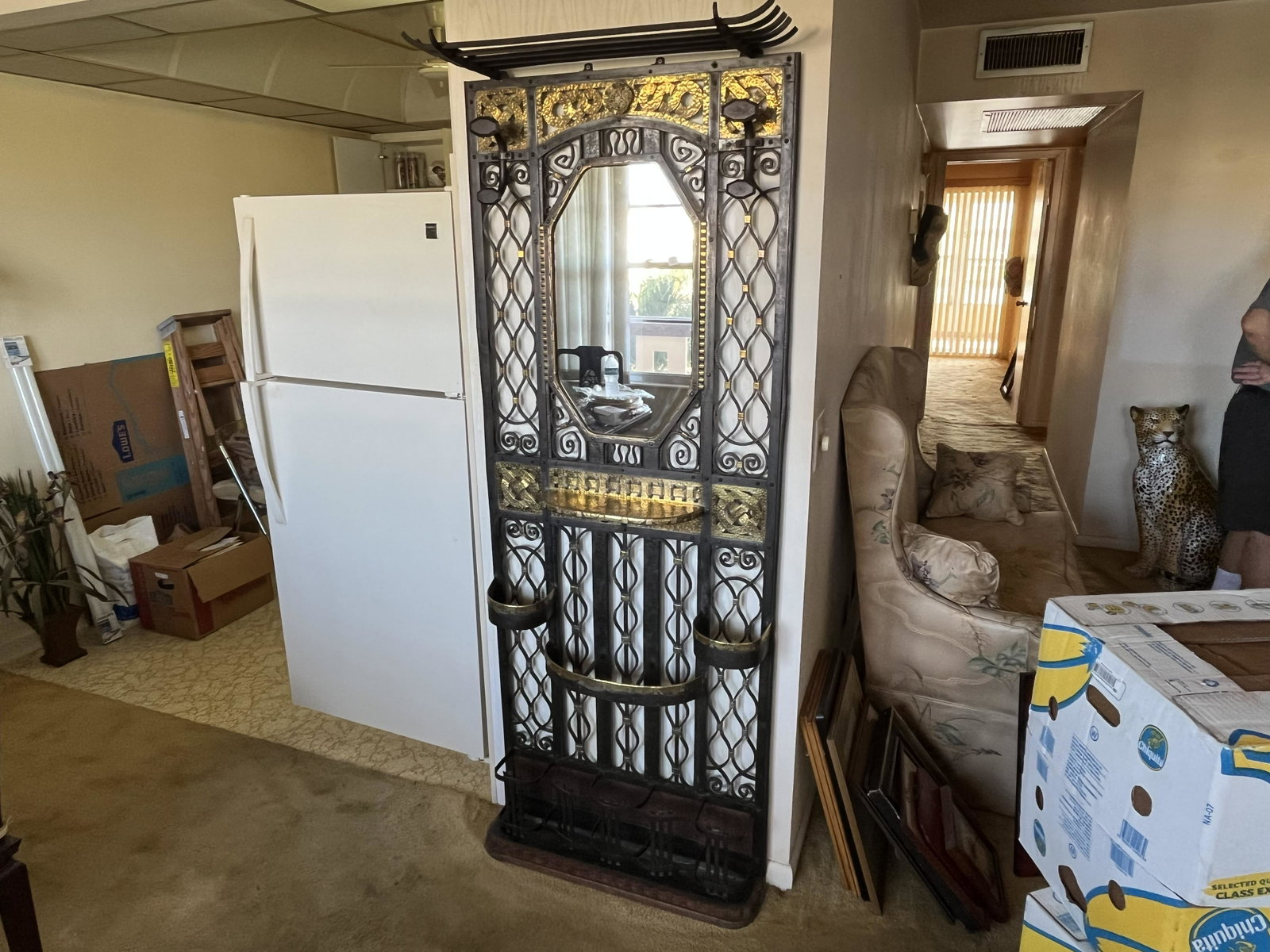 Metal Halltree: Metal Halltree with Brass Trim, 75h x 28w x 10d (possible Moroccan)