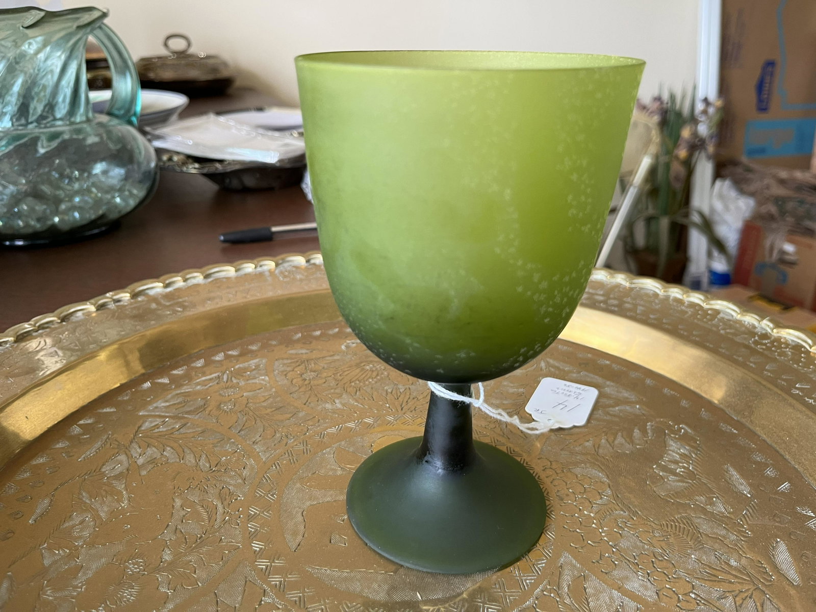 13-Frosted Green Goblets: (13) Vintage Indiana Glass Frosted Green Thumbprint Goblet, 6"-12oz.