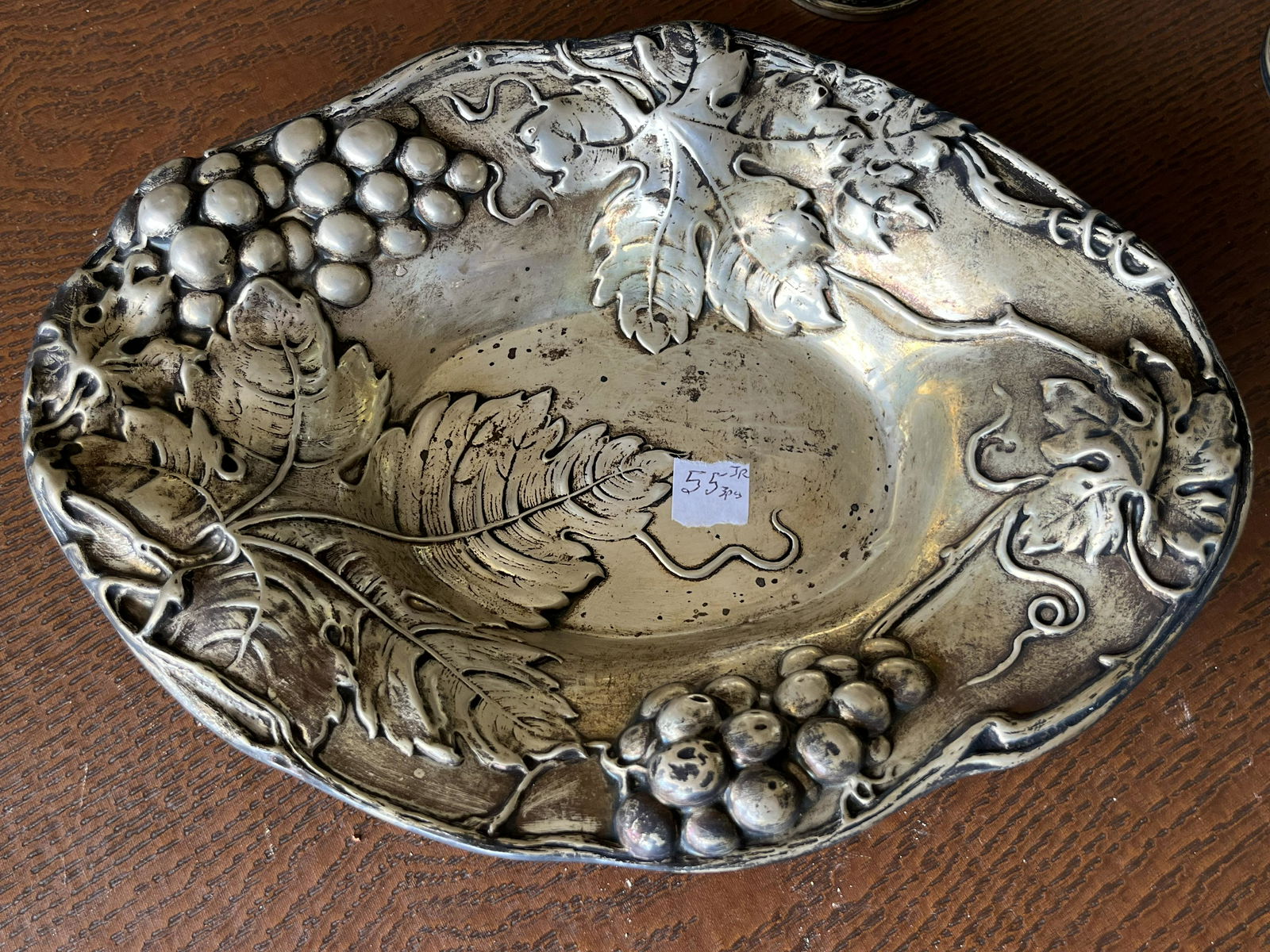Sterling Dish w/Repousse Grapes & Vines plus wtd. Salt/Pepper: Sterling Dish with Repousse Grapes & Vines plus wtd. Salt & Pepper