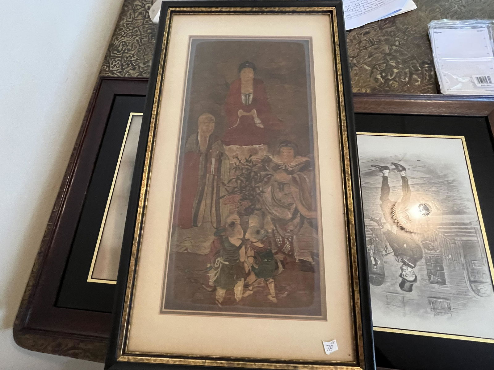 Print of Painting on Silk 'Family': Possibly a Silk. It looks to me as Real but really hard looking through the old glass and I'm not going to open it up. I guessing this is 1940-50. The deceased lady was 92yr. old. As I understand from
