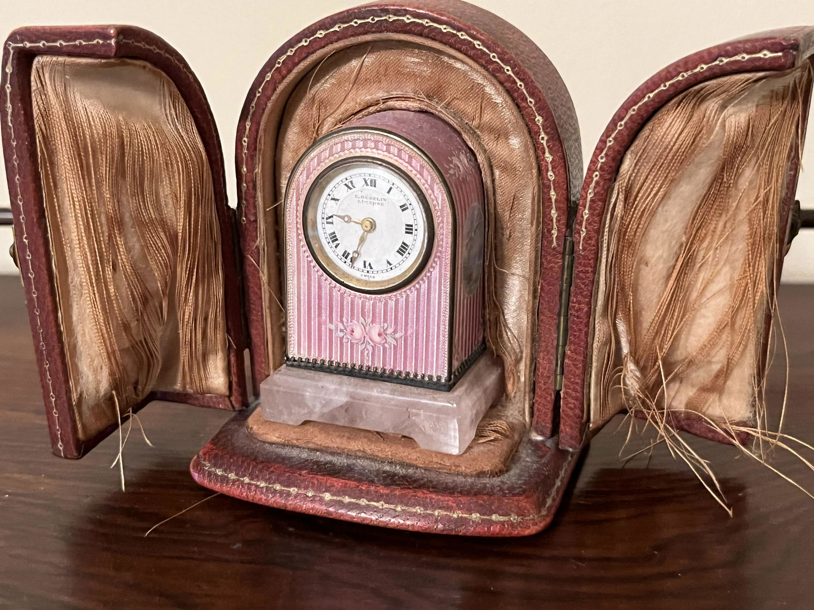 Argent Dore Min. Clock: Argent Dore Miniature Enameled Clock in Leather Case with Key, E. Gubelin Lucerne. Wt.148g 3"h x 2"w x 2"d