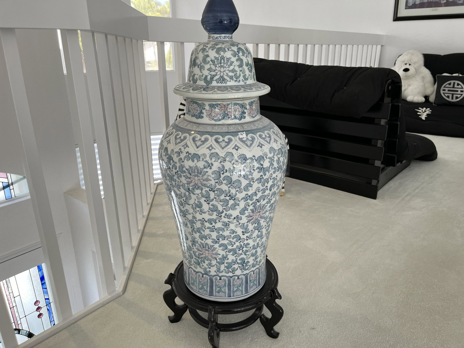 Lg. Bl/Wh Ginger Jar on Stand: Large Blue White Ginger Jar on Stand, 34"h x 19"dia
