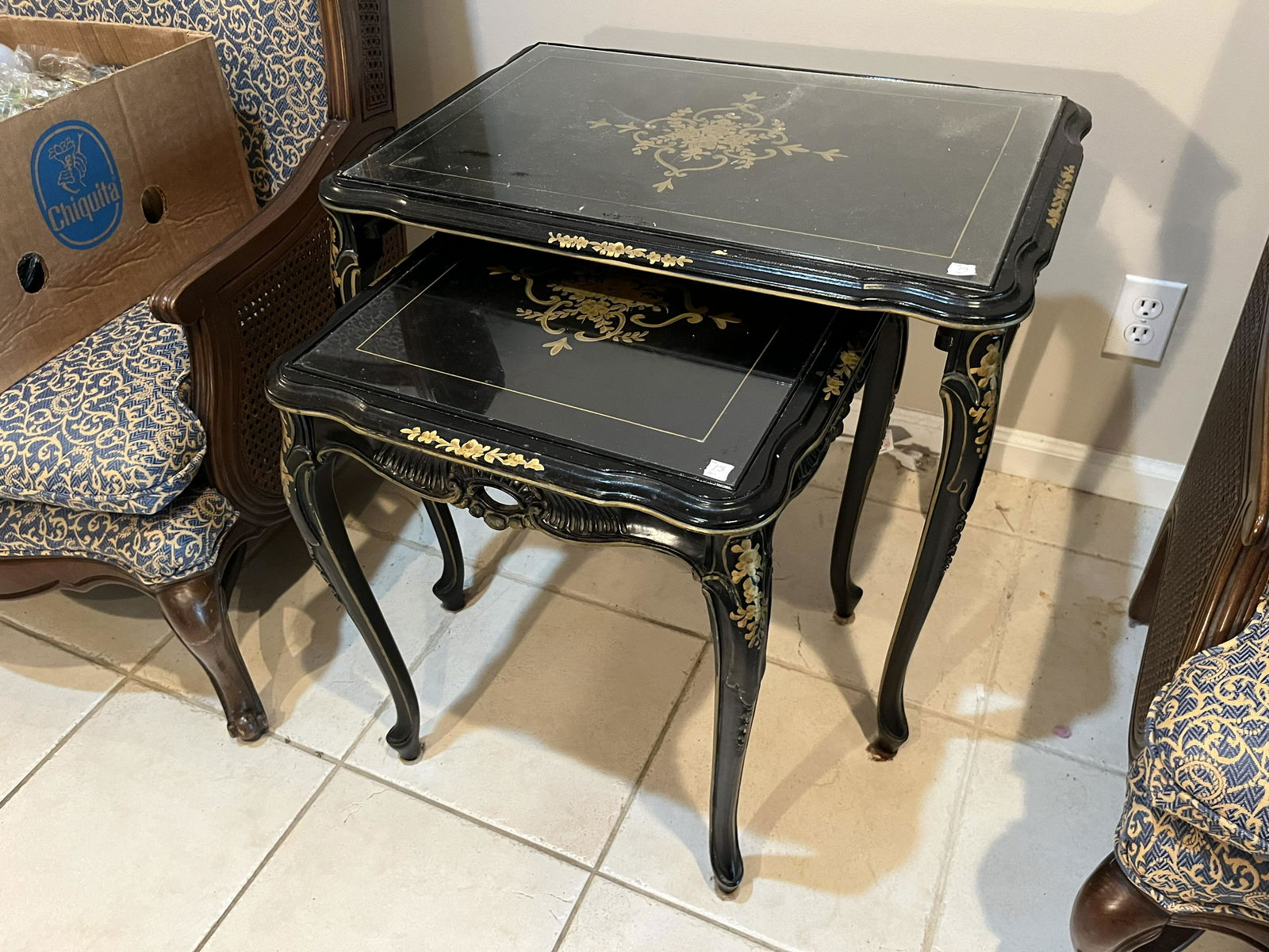 Nest of 2-Blk. Tables: Vintage Nest of 2-Black, Gold Trimmed Tables (they look like 1950's to me. Your call)