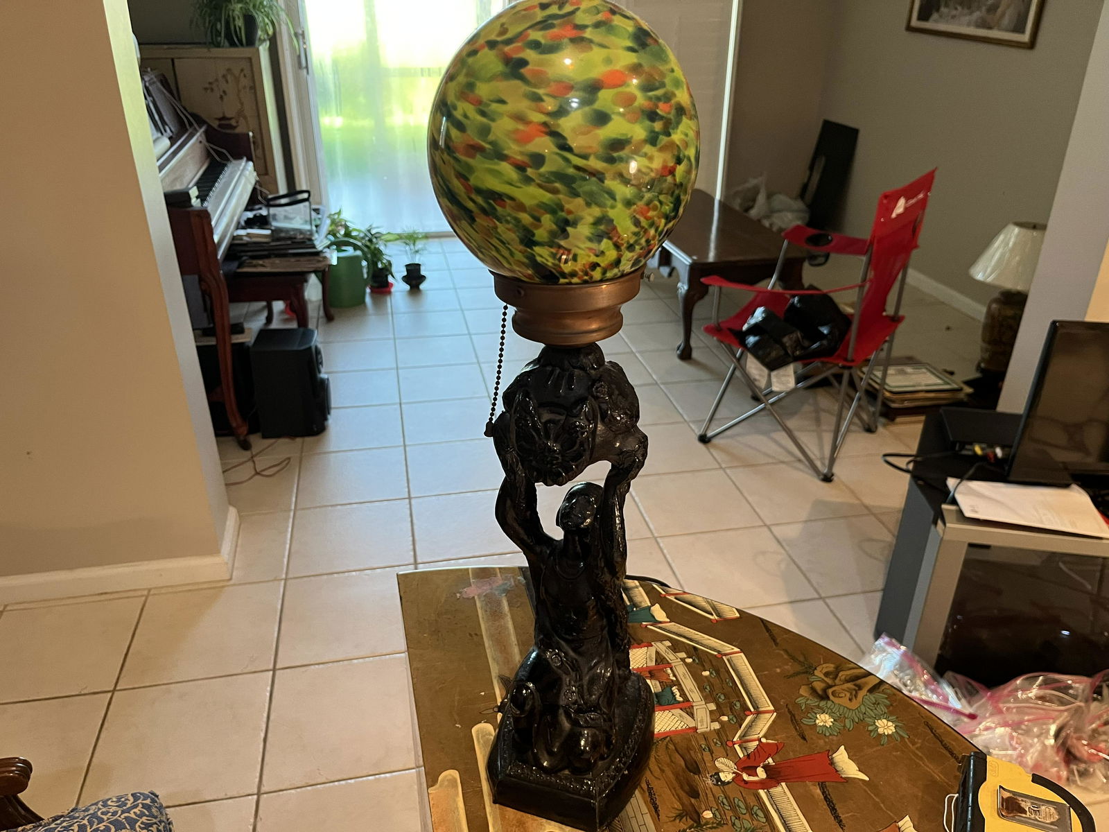 Frankart Style Deco Lamp: Art Deco Frankart Style Metal Lady Figural Lamp with Czech Globe, 22"h