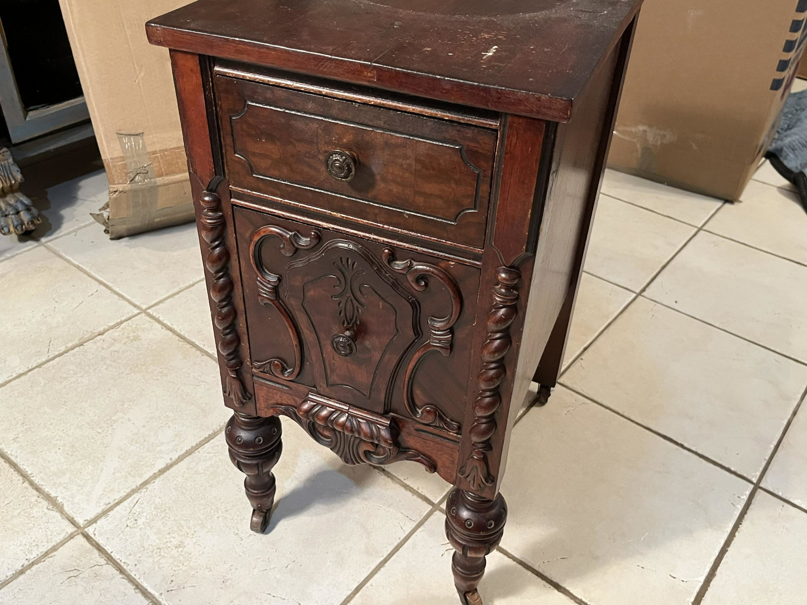 Pair Antique Nite Stands: Pair Antique Night Stands (some damage on top) 26h x 13.5w x 18d
