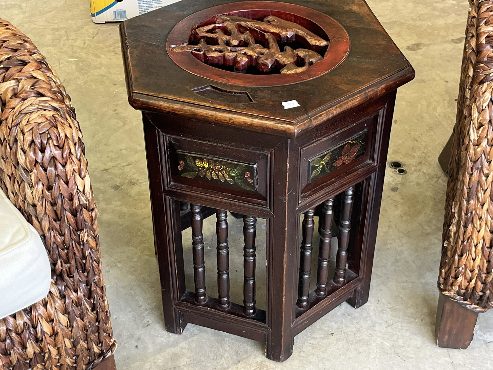 Antique Asian Hexagon Table: 100+ year old Asian Wood Carved Hexagonal Table, 51x44