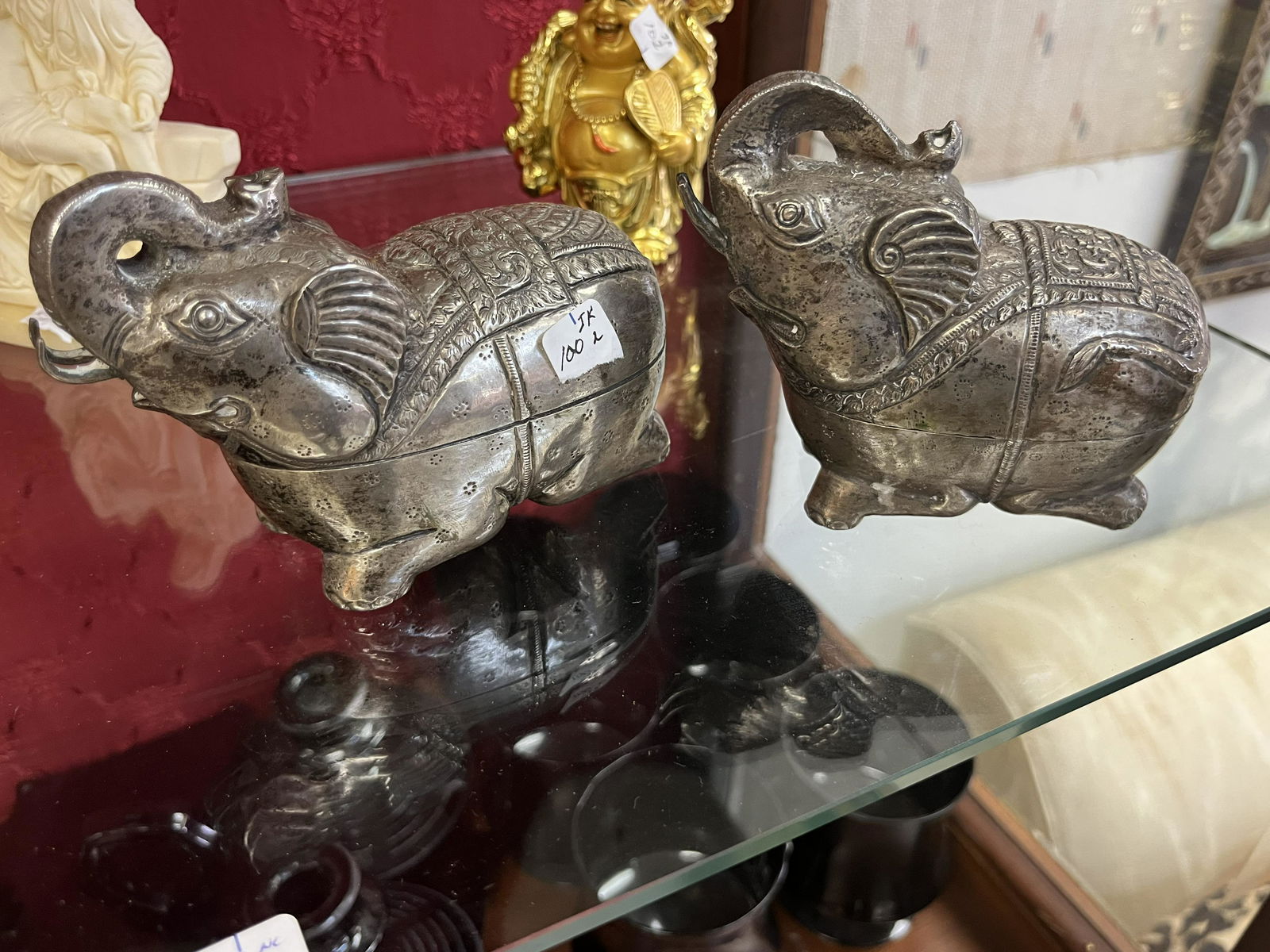 Elephant Trinket Boxes: 2-Antique Cambodian Silver Betel Box Khmer Elephant Repousse, 3.75x4.5x2 & 3.75x5x2.5