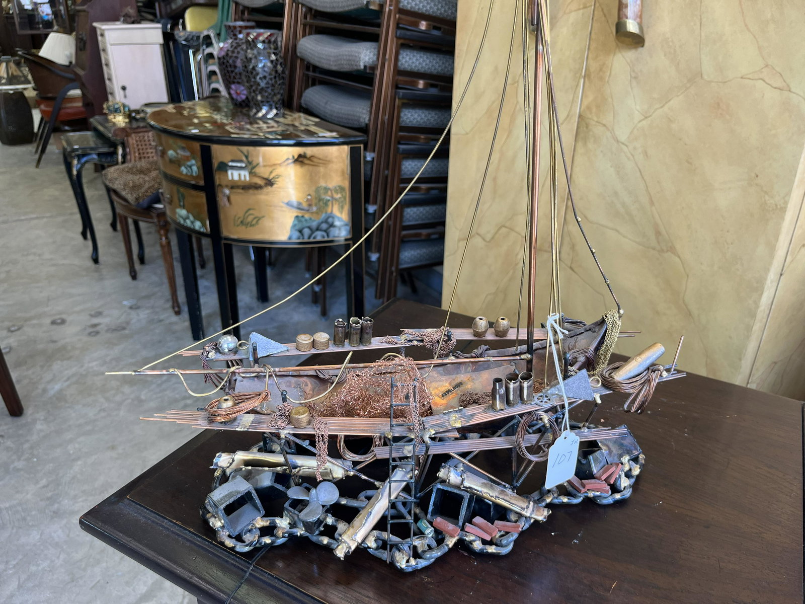 Brass Fishing Boat Sculpture: Brass Fishing Boat Sculpture 18h x 16w x 7d