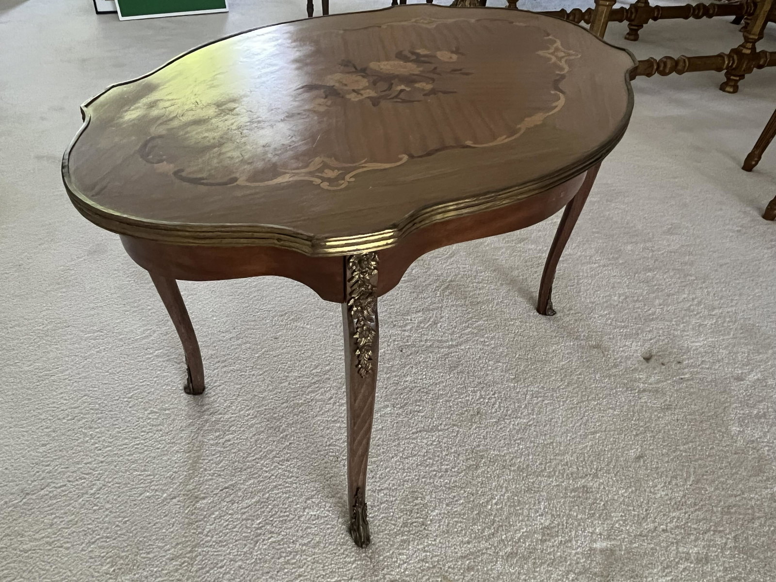 French Inlaid Style Table: French Inlaid Style Table with attached Ormolu & Brass Rim (made in Spain) 20h x 32 x 21.5d