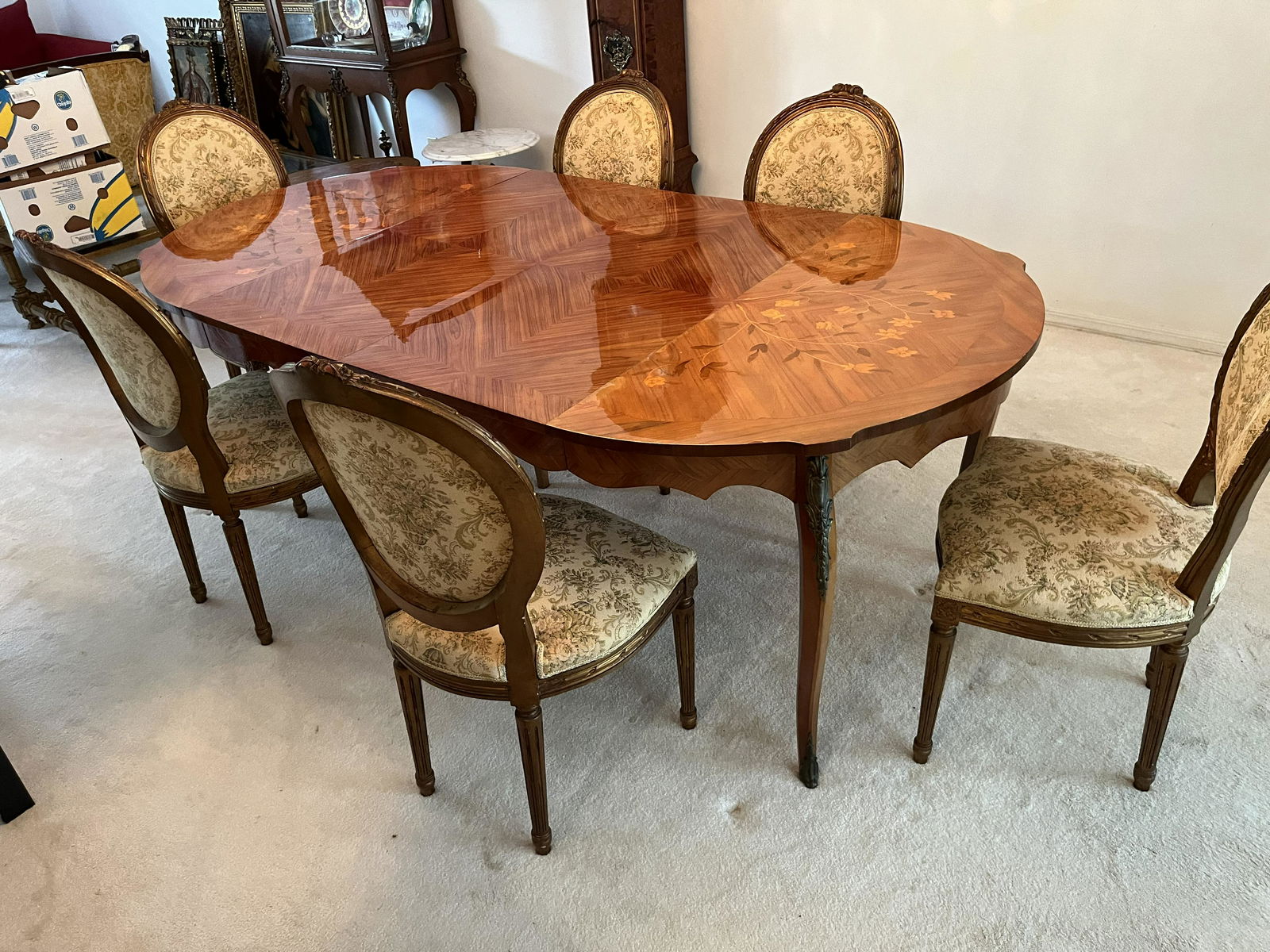 Dining Room Table/Chairs: French Louis XV Style Dining Room Table, 2-Leafs, 6-Chairs (made in France) 45"dia with 2-leafs 19.5"ea