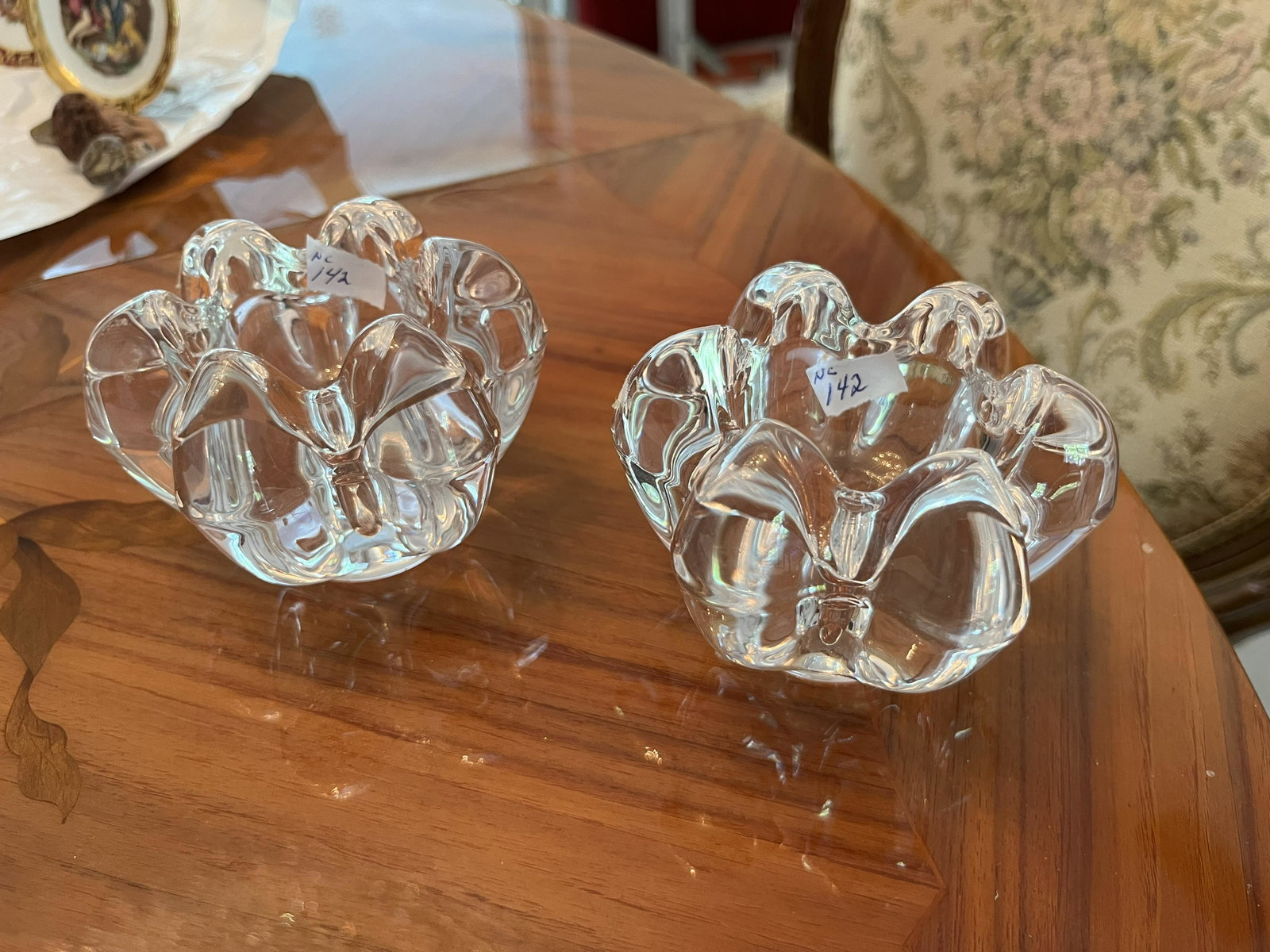French Crystal Candle Stick Holders: Pair French Crystal Candle Stick Holders 2.5"h x 3.5"dia.