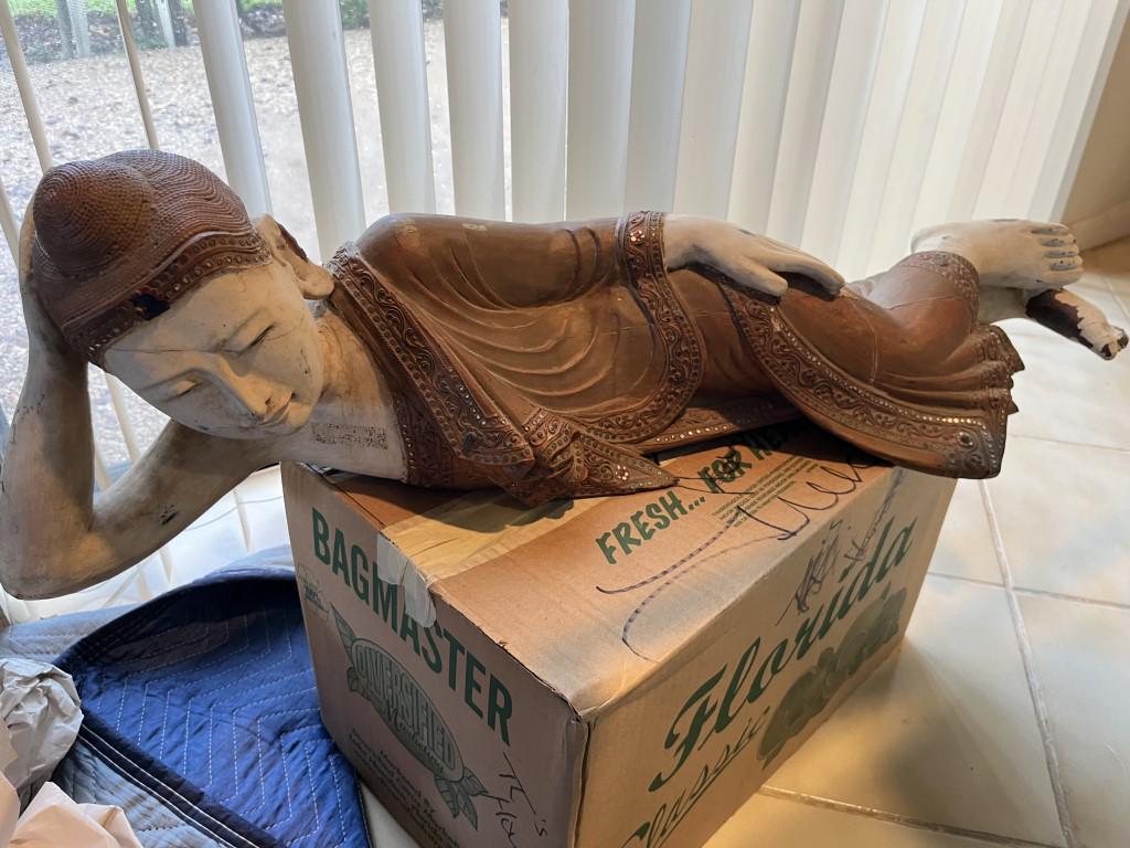 Antique Carved Thai Buddha: Antique Hand Carved Wood Thai Buddha in Lying position 10h x 36w x 12.5d