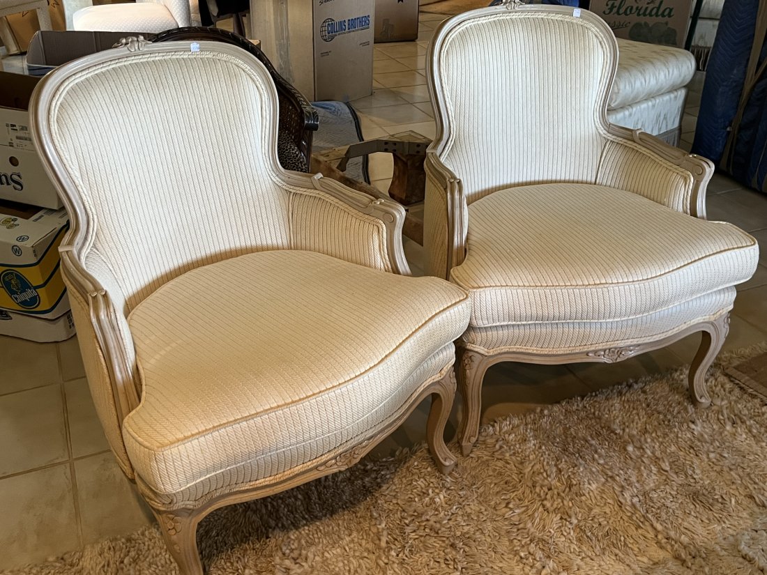 Pr. Bergere Chairs: Pair Bergere Chairs 35.5h x 28w x 29d (has a few paint chips but, not that noticeable) Look at the pictures real close. Cushions are good. Seat to floor 19"off floor.