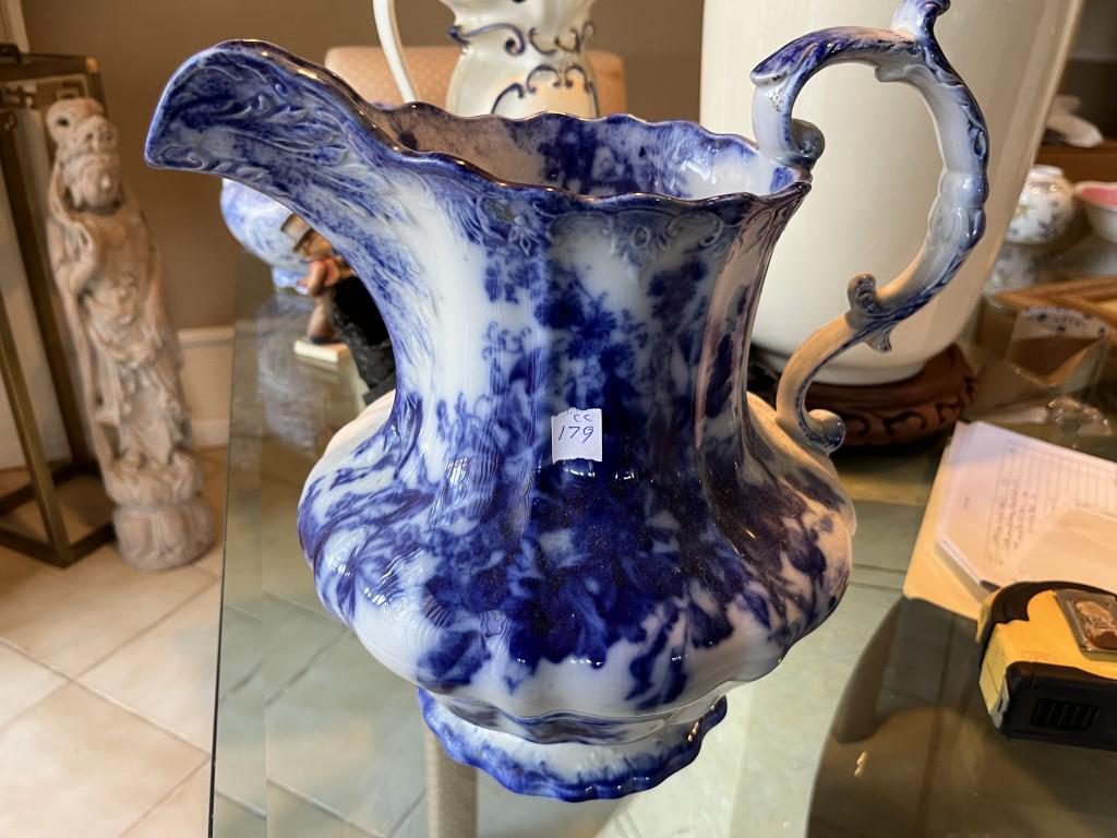 Flow Blue White Pitcher: Antique Flow Blue & White Pitcher 12.5h x 12w x 10d