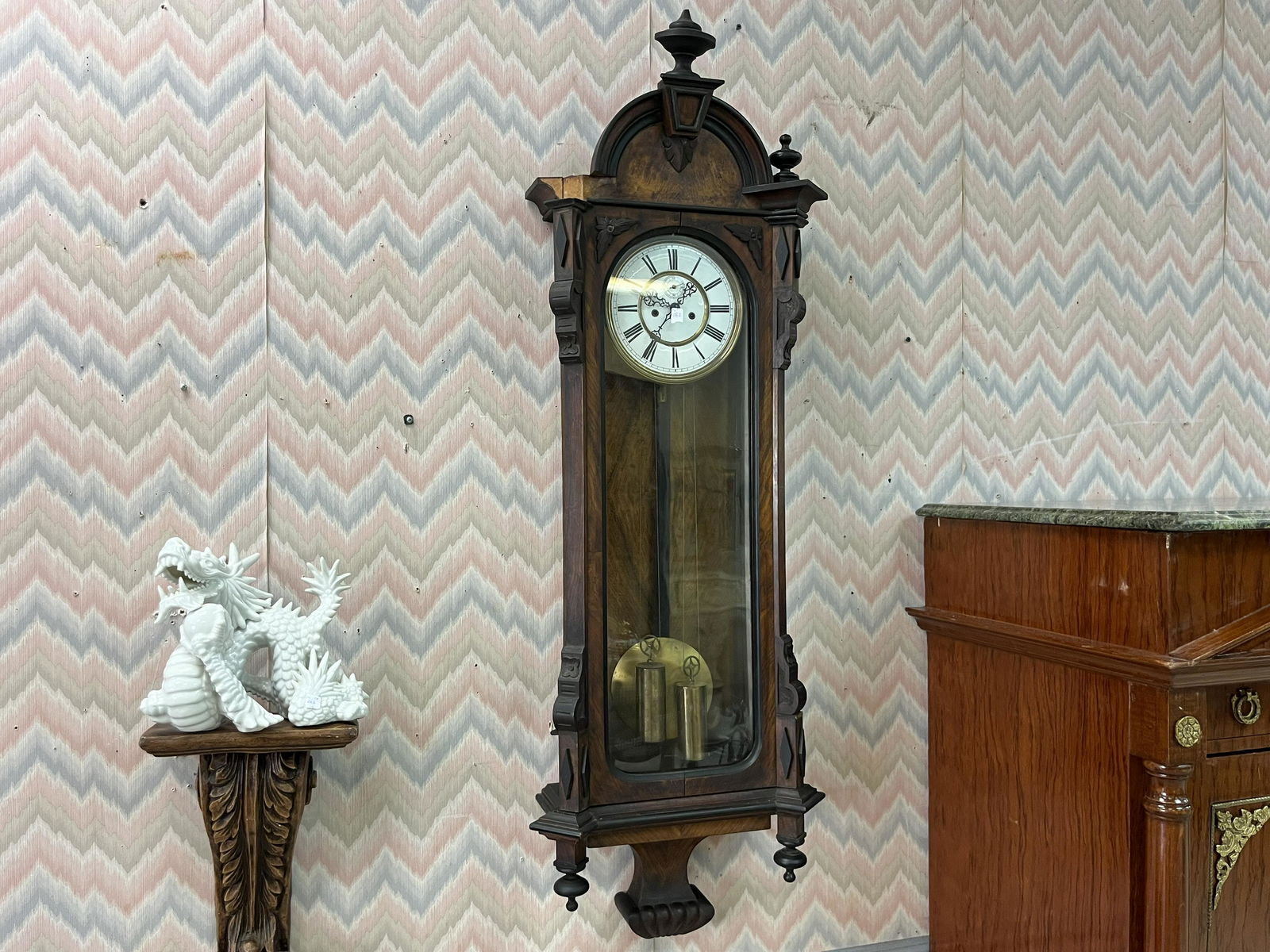 Wall Regulator (Clock): Wall Regulator (Wall Clock) Case is missing a couple pieces of wood.) Movement, pendulum, Weights all seem good. c.1870