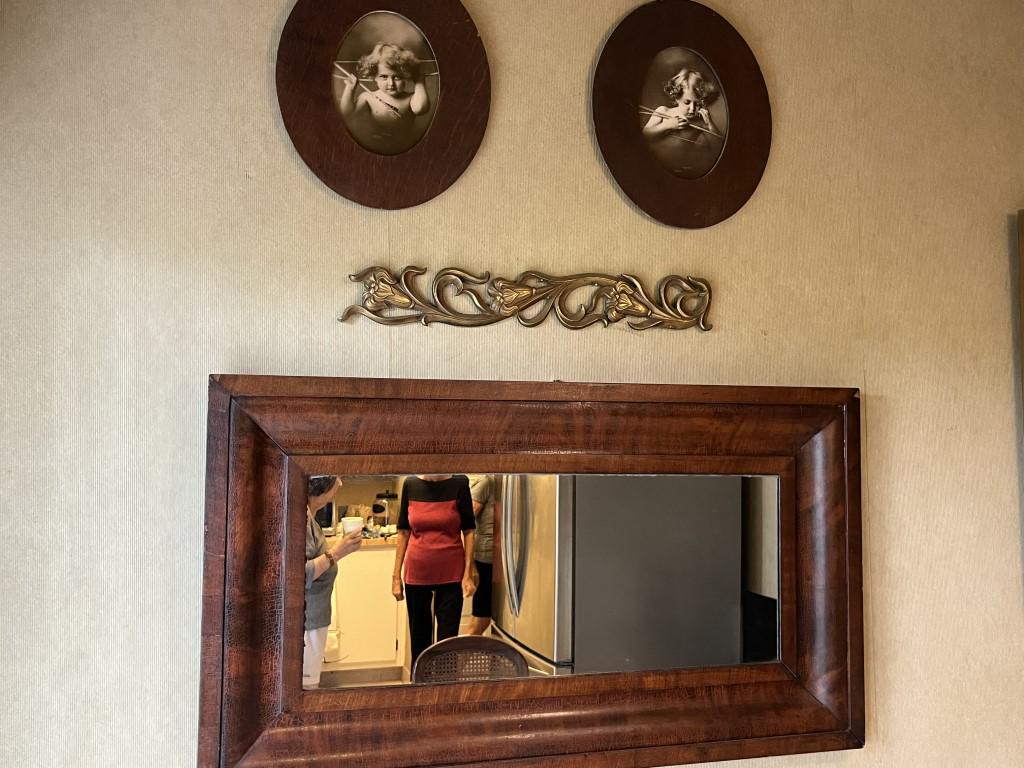 Wall Mirror Bronze Decor & 2-Pictures: Misc. Wall Mirror (19.5x35), 2-Wood Frame Pictures & Bronze Art Nouveau Decoration(3hx21w