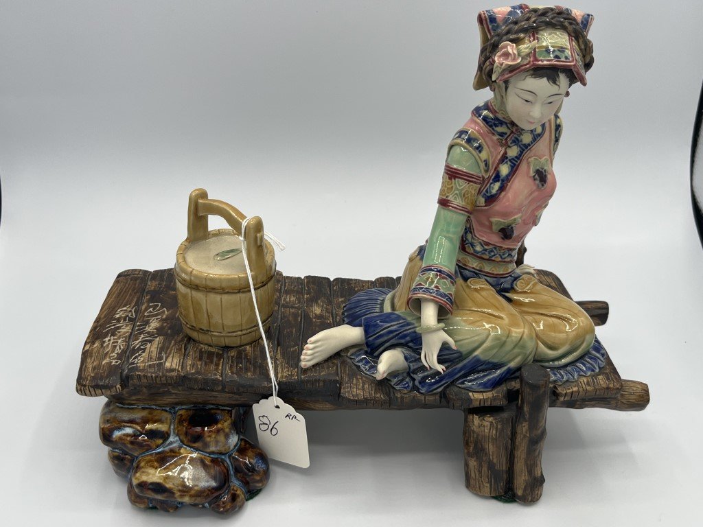 Chinese Woman Sitting on Dock: Signed Backed Clay Figurine of Chinese Woman Sitting on a Dock. 9h x 10.5w x 5d