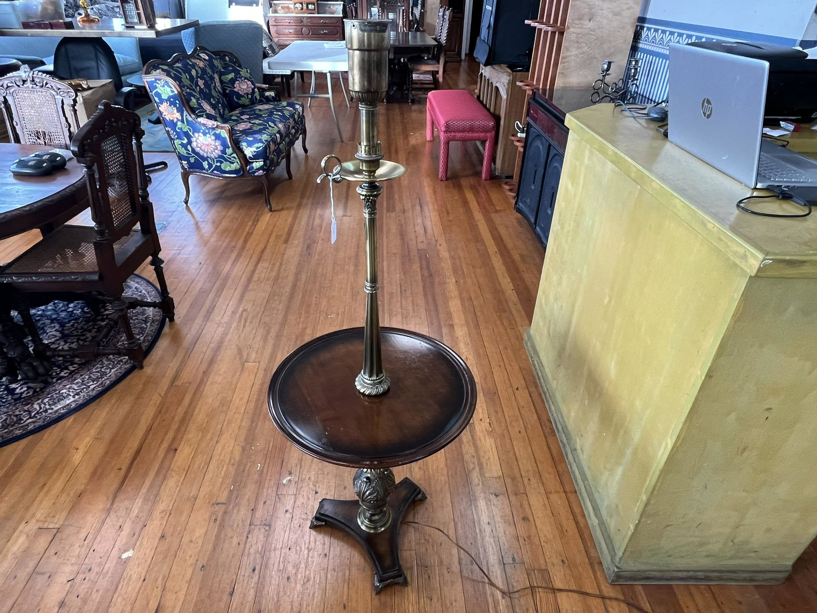 Table Lamp with Bronze Feet & Shatt: Antique Table Lamp with Brozne Feet & Shaft, 52h x 20dia.