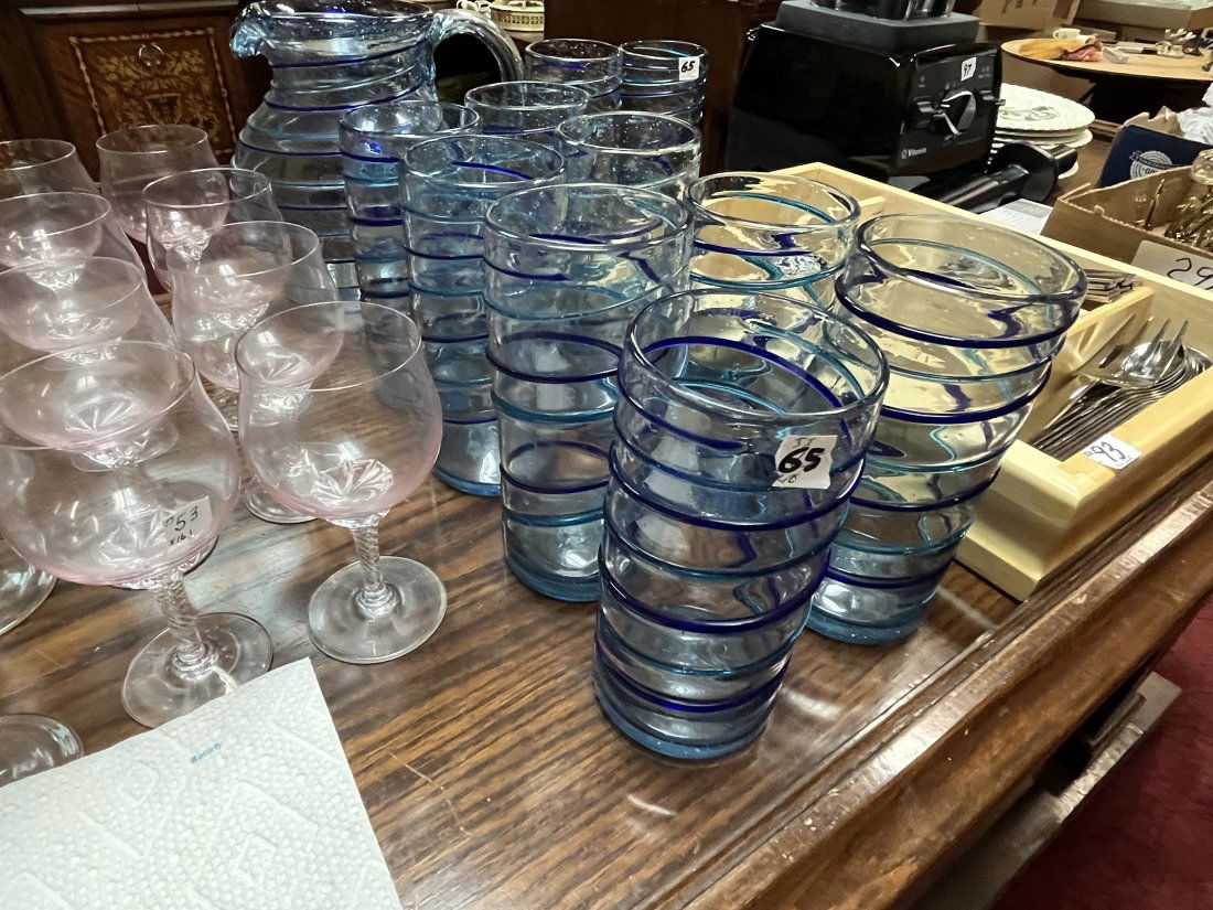 10-BL Hand Blown Art Glass Swirl Glasses plus Pitcher (1 of 4)
