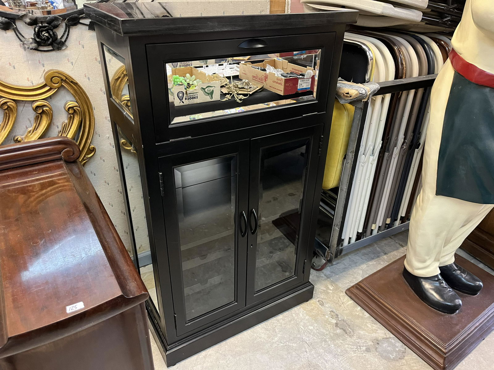 Blk.Granite Top Bar: Black Granite Top Mirrored & Glass Bar, 49h x 28.5w x 17d