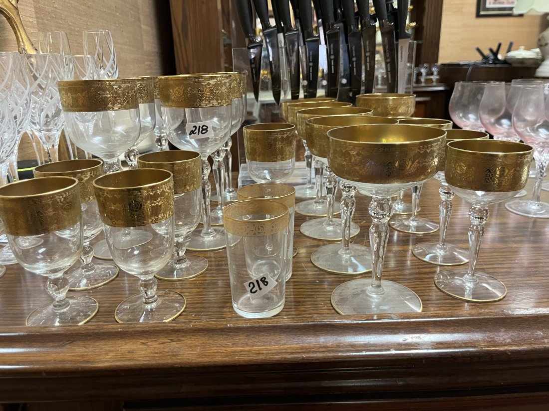 Vintage 24kt. Gold Rim Cordials: 23-Vintage Crystal LIQUEUR or CORDIAL Glasses with Textured 24K Gold Rim - THERESIENTHAL