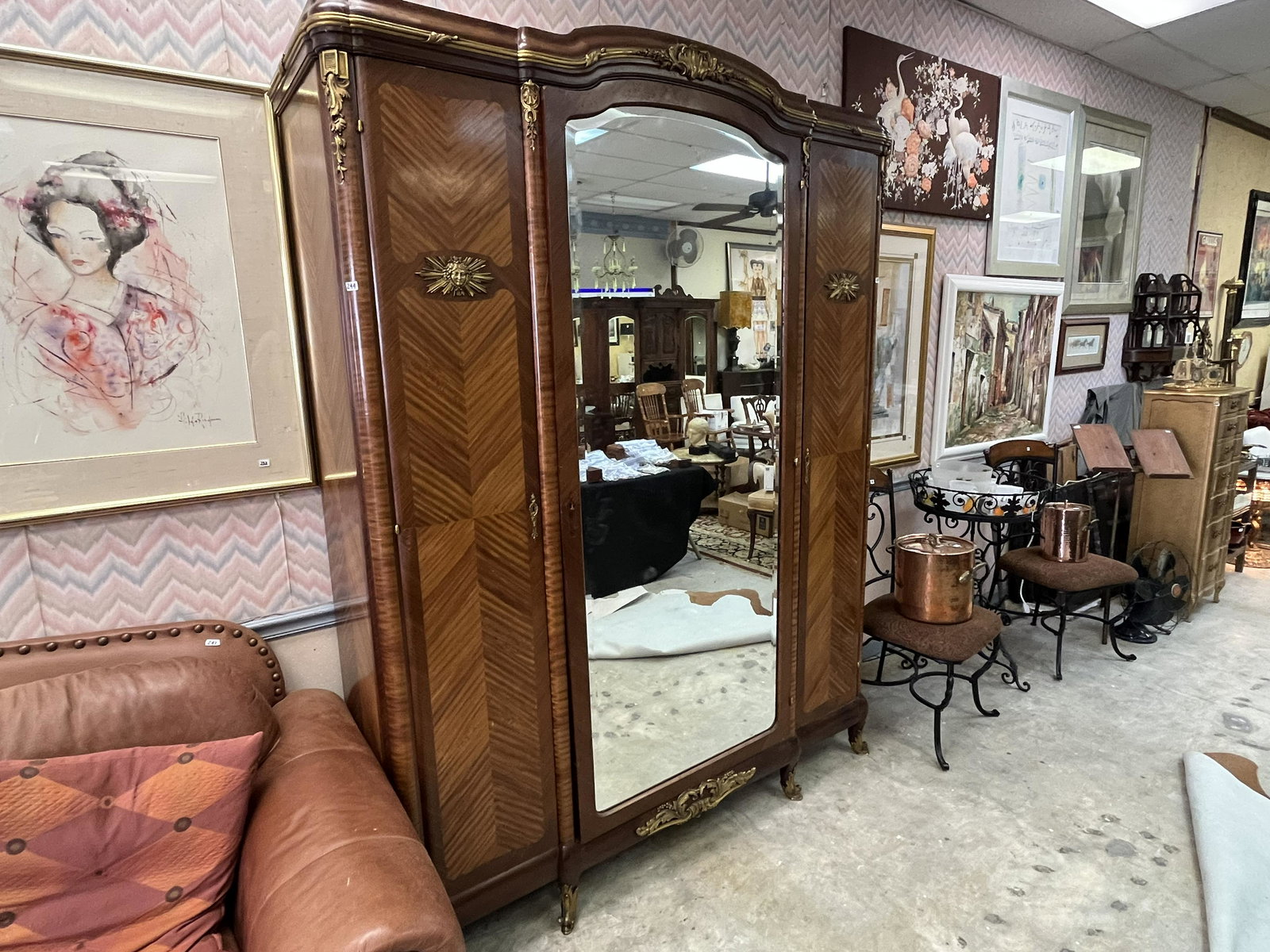 French Armoire: French Mirror Door Armoire w/attached Ormolu (open the two side Doors & you have mirrors. 91h x 67w x 20d