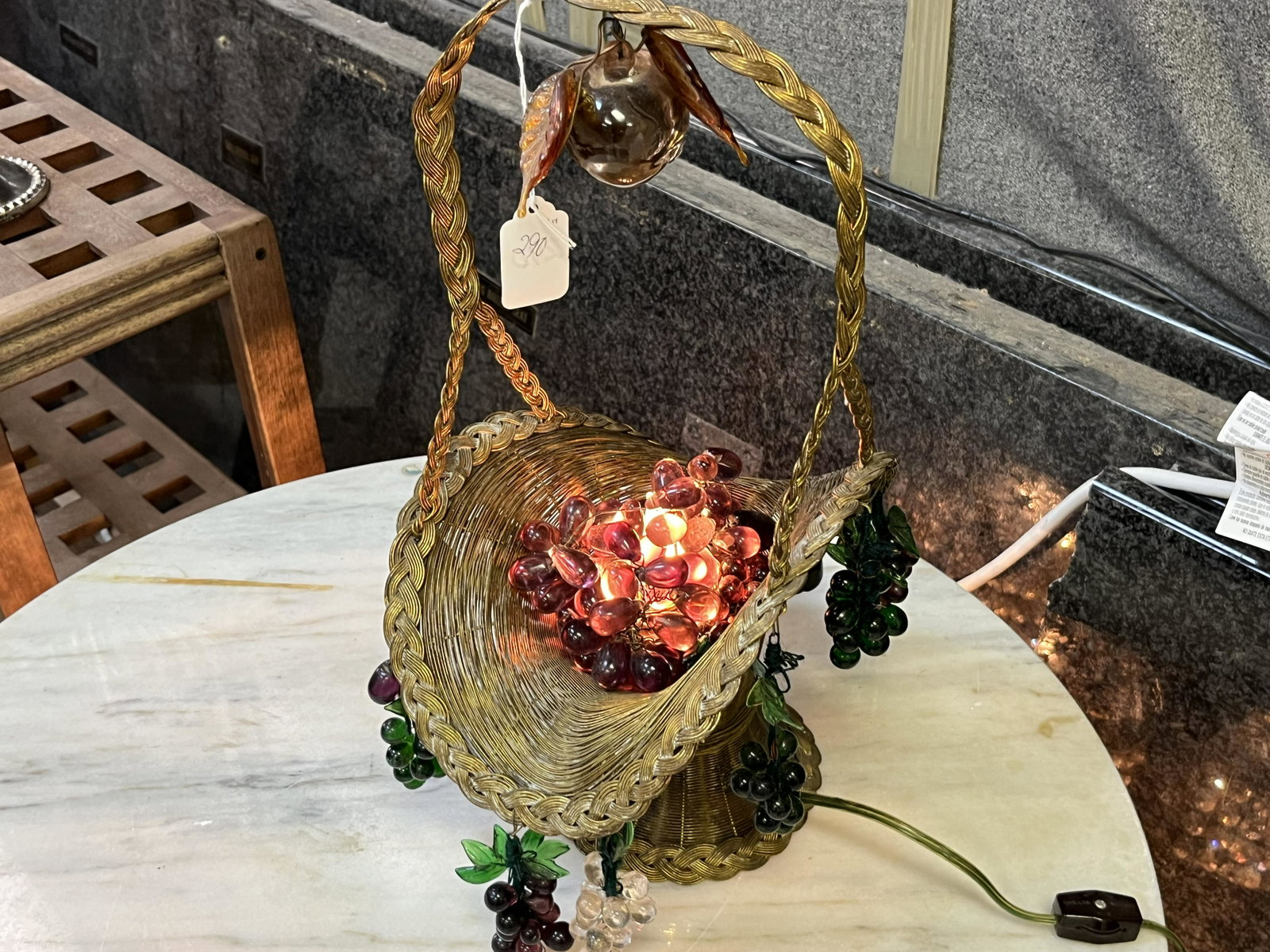 Brass Weave Lighted Fruit Basket: Rare Vintage Brass Weave Lighted Fruit Basket