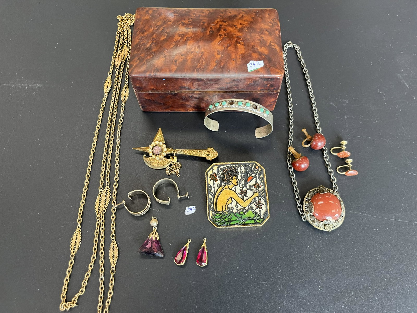 Birds Eye Maple Jewelry Box with Jewelry: Vintage Birds Eye Maple Jewelry Box with Jewelry