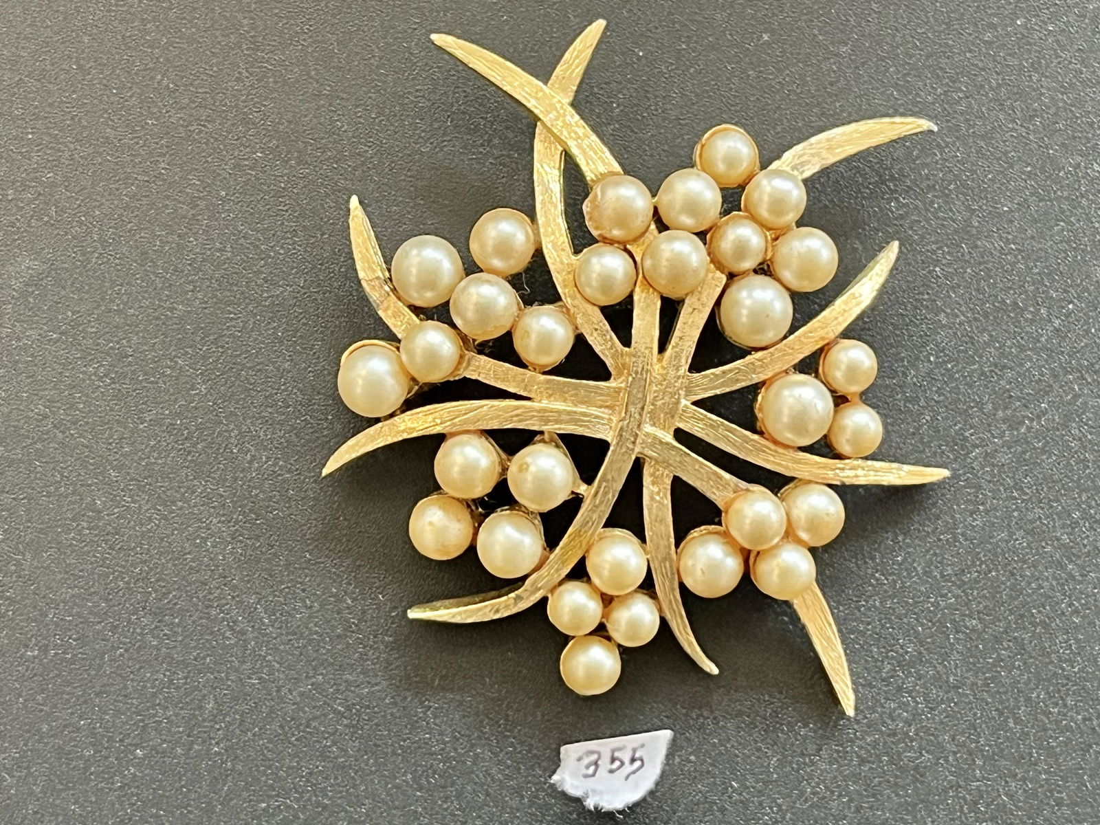 Gilt Pearl Brooch by CORO: Gilt Brutalist Open Work Faux Pearl Brooch by CORO