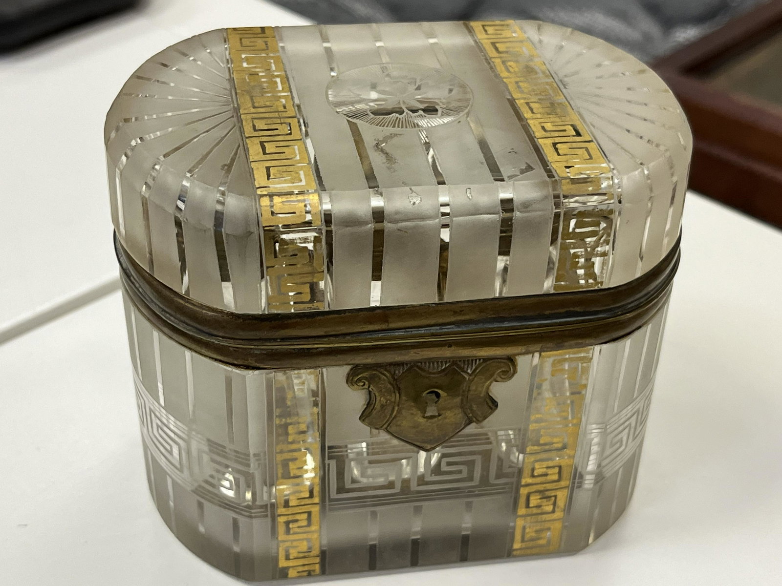 French Perfume Casket: 19th c. French Perfume Casket, 3.75h x 4.5w x 3,5d, (missing one perfume stopper, no key)