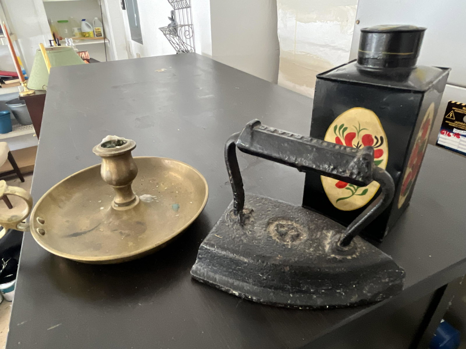 Cococa Can-Brass Candle Holder-Iron: Antique Cast Iron-Brass Candle Holder & Cococa Tin Can Paris-1878